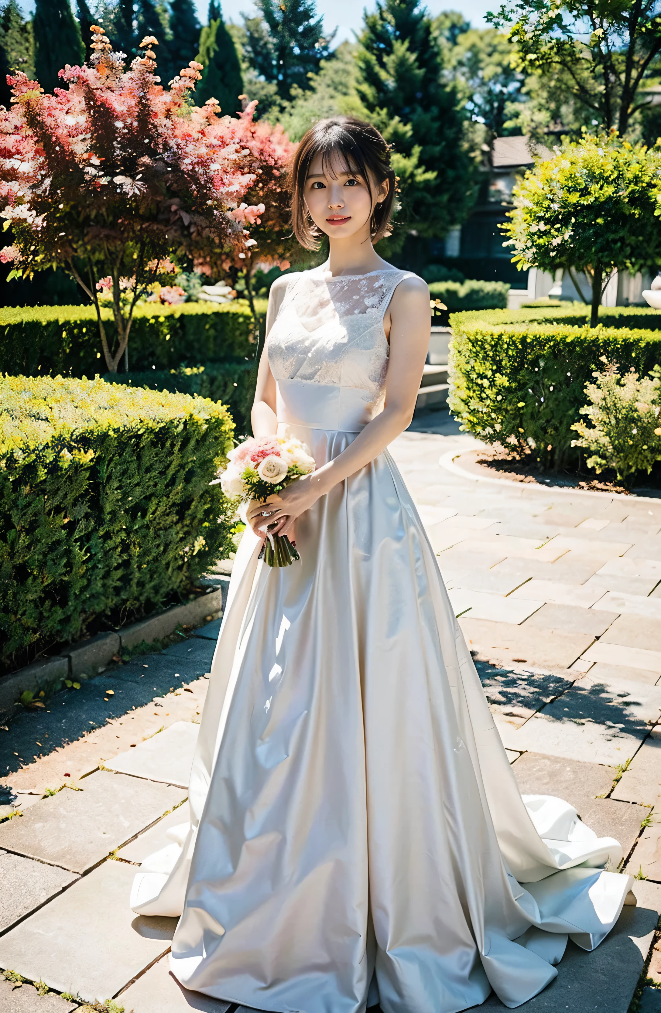 A lovely smile、A luxurious white silk dress with lace、Stunning gardens、Colorful flowers々is blooming、White silk and shiny dress、A luxurious and elegant white wedding dress、Braided hair only for the bangs((wedding ceremony:1.4))、Full body photo、smile、 Caustics、Highly detailed photos、Very beautiful eyeedium Short Hair、Large Breasts、Super no makeup、(8k、RAW Photos、highest quality、masterpiece:1.2)、(Realistic、Realistic)、1 girl、((Medium Short Hair、Looking into the camera:1.4))、