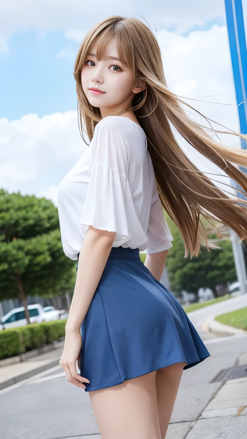 Sexy Big 、Sexy cute looks and cute 15 year old beautiful girl, beautiful and sexy face、A strong wind blows my hair in front of my face、With straight blonde hair、beautiful, Cute and sexy eyes hidden behind long bangs Mini skirt