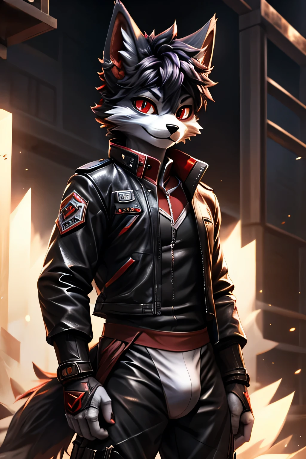 Rystal, Star Fox, Male,Dark emerald hair， (detailed), fluffy, Solo, Meticulous and realistic, delicate eyes(( Black and red eyes)), stand   ，leather jacket，Ghost Warrior，Tactical pants
, HD 4k Star Fox, Rystal, Star Fox, Male,Dark emerald hair， (detailed), fluffy, Solo, Meticulous and realistic, delicate eyes(( Black and red eyes)),，He wears a pair of small white briefs， stand，Flirting，Crotch bulge，Sexual desire Wai，Small round face