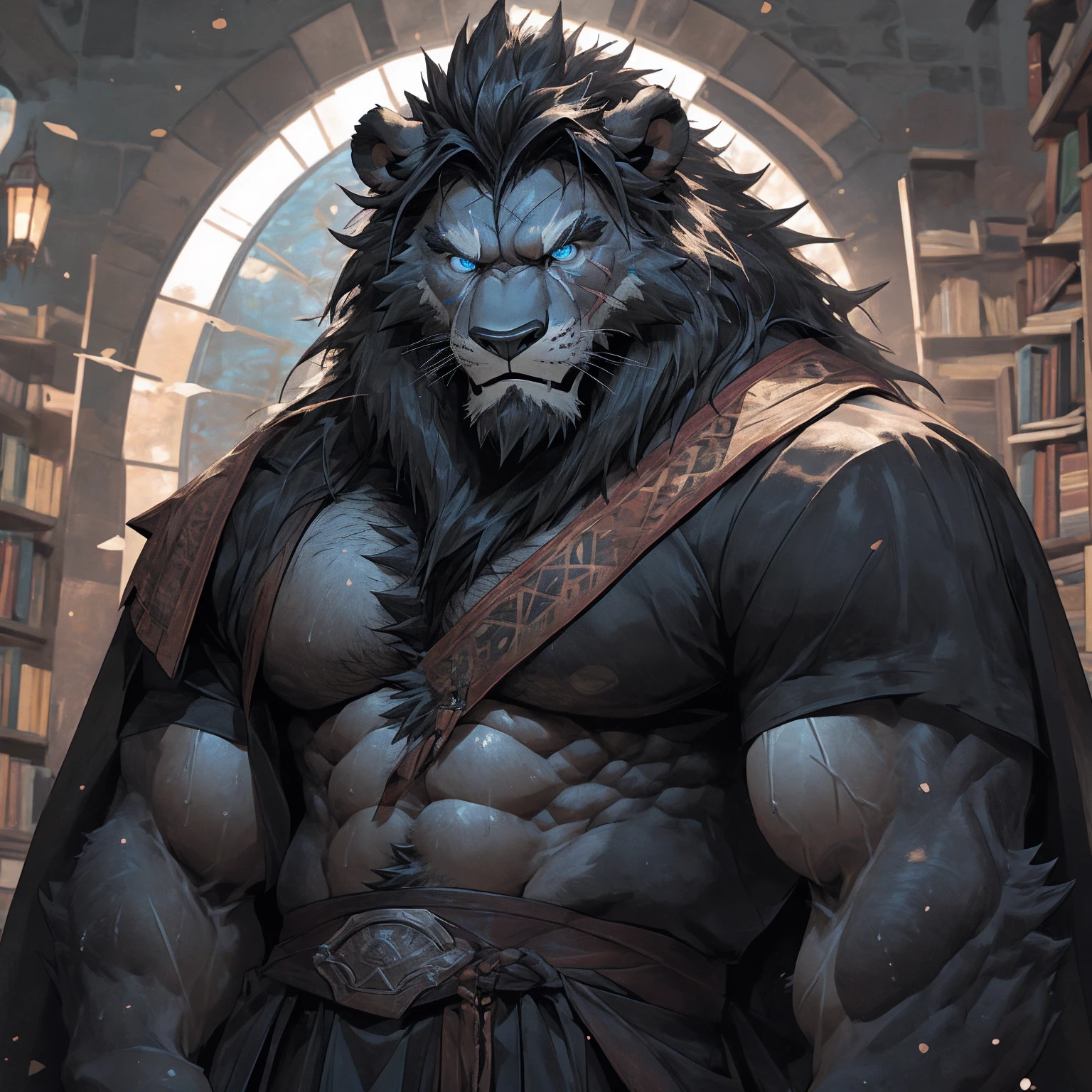 Sweaty, muscular, shirtless background of a spectacular magic library Harry Potter teacher wizard hairy anthropomorphic chest hair serious face(Scar on face) Mature (Blue eyes)Huge muscular ripped abs wild,Black Lion of Tribal Ambition