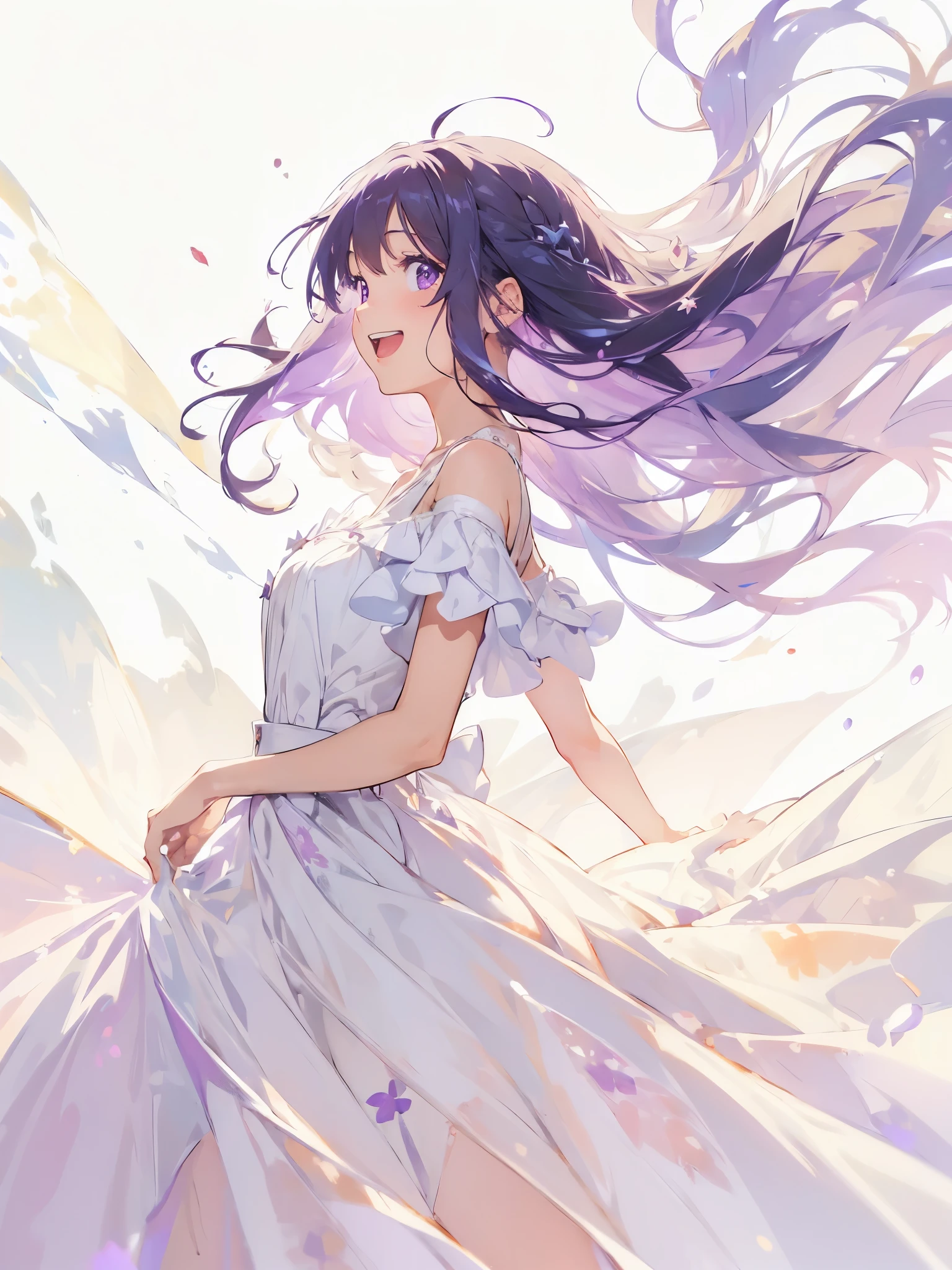 (White Background:1.5)One girl laughing out loud, Beautiful and detailed, Purple long hair, Pale purple eyes, Princess Dress, Side Shot, (null:1.3), Impressionism