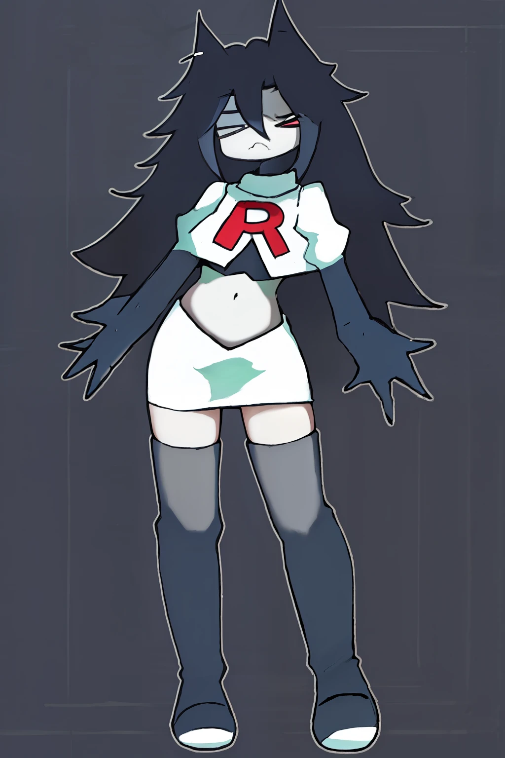 masterpiece,Miss Circle, team rocket,team rocket uniform,white skirt,red letter R,crop top,black thigh-highs,black elbow gloves,looking at viewer
