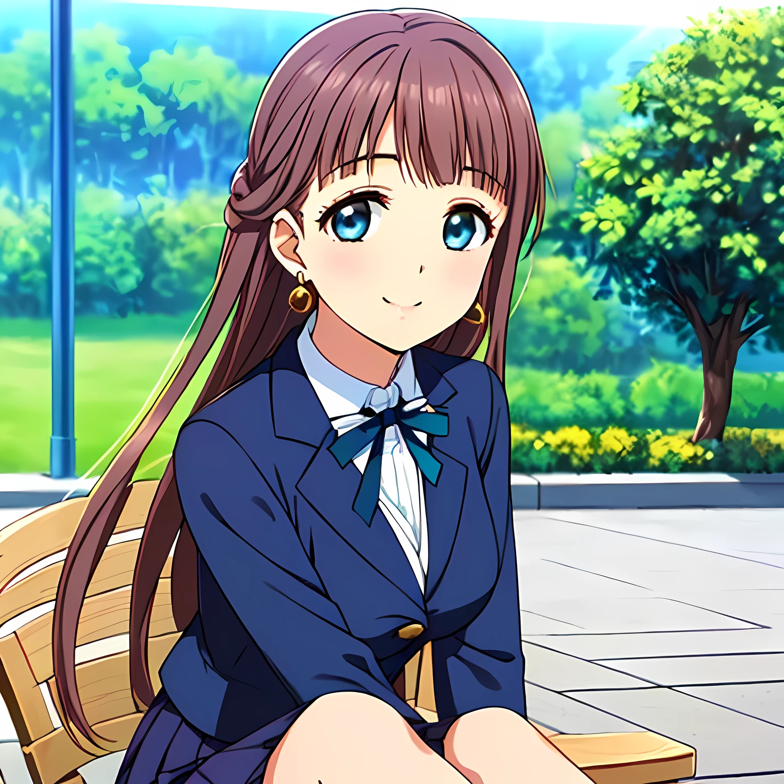 highest quality, (masterpiece:1.2), Very detailed, (((Game CG))), ((((Like the very noble aristocratic lady depicted by Renoir１Side portrait of a beautiful girl sitting)))), ((The girl everyone loves)), ((((Very beautiful, wavy, long flaxen hair)))), ((((Navy blue blazer)))), ((((Elegant dark navy blue checked skirt)))), ((((Very beautiful and shining eyes)))), ((Very long eyelashes)), A big white ribbon on the chest, ((A refined and elegant look like a noble princess)), (((Beautiful and great smile))), Small face and great posture, ((Give the viewer a heavenly feeling of happiness)), (((Blur the background))), ((Very noble and elegant face)), ((Slender and shapely breasts)), (((Looking into the distance))), The background is a wall covered in deep green ivy., Gold hair ornament and earrings