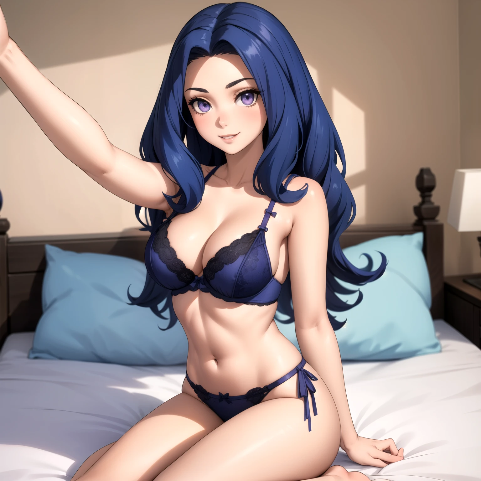 Melty Q Melromarc. woman 30 years old shiny wavy blue hair, ojos violetas detallados, sonrisa rubor, pechos grandes, blue lingerie background a bed. selfi. 1 soa mujer, mujer sola.