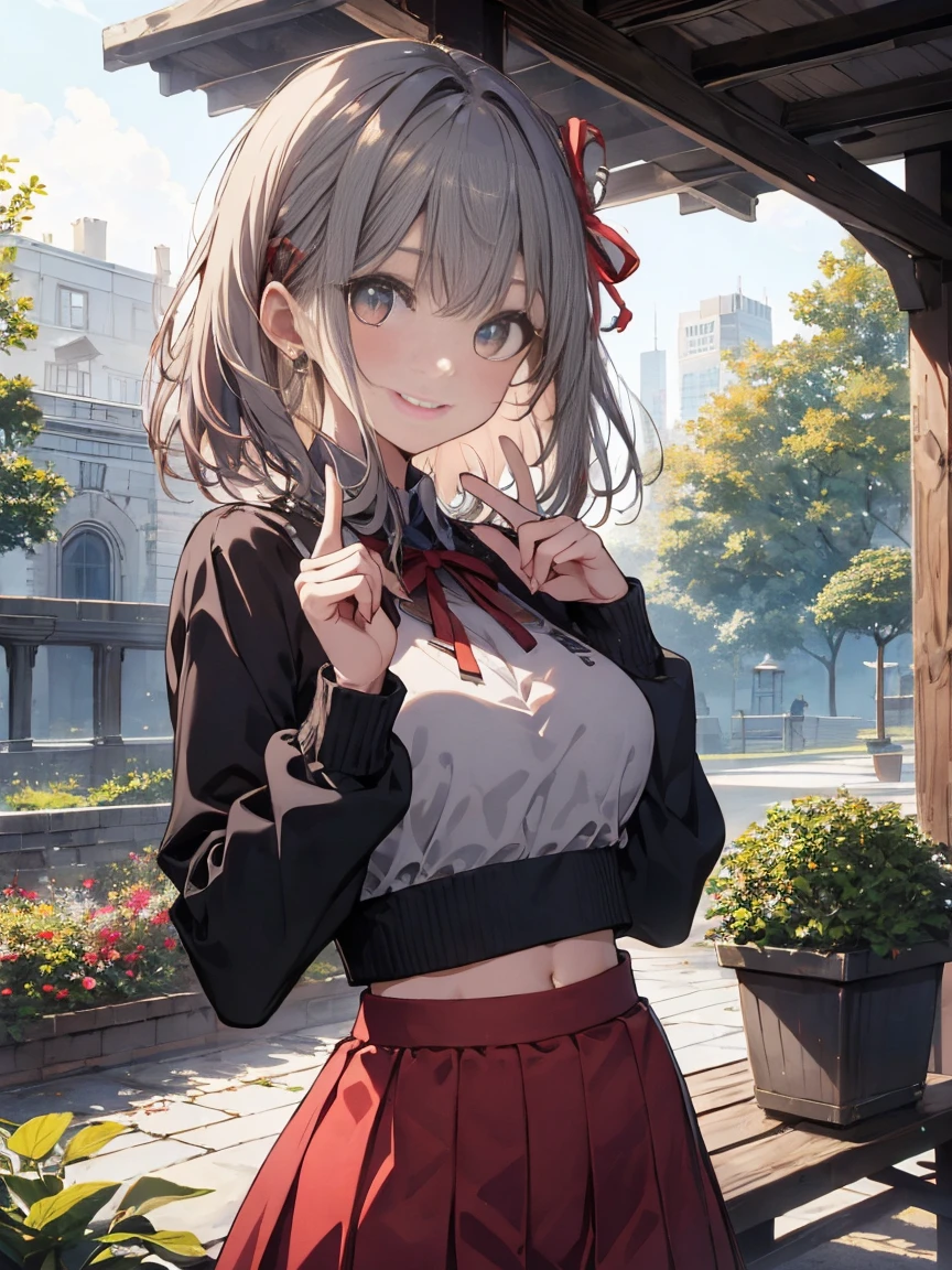 masterpiece、Best Quality、Super detailed、An illustration、Beautiful detailed eyes、One girl、Outdoor Garden、Large size attractive bra、Ultra-small crop top、Gray Hair、22 years old、Short red skirt、Short shirt、Thin belly、Hair Ribbon、Long Hair、No sleeve、A confident smile、Confident gesture 、、detail_face