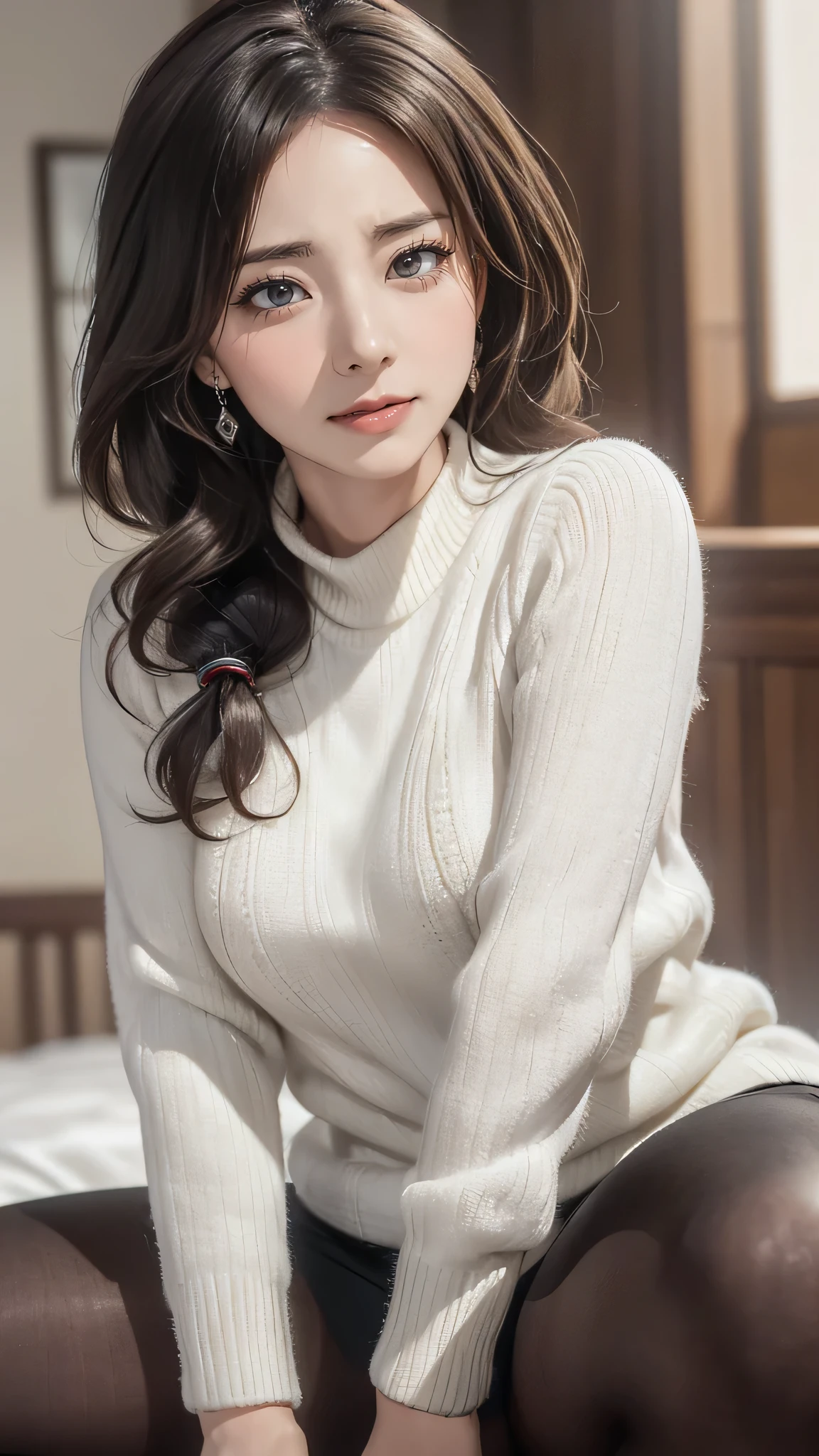 (middle-aged woman:1.2),(random pose),(random hairstyle),(Highest image quality,(8K), Ultra-realistic, Best Quality, High quality, High Definition, high quality texture, high detailing, Beautiful detailed, fine detailed, extremely details CG, Detailed texture, realistic representation of face, masterpiece, presence),virgin destroyer sweater,black pantyhose,spread legs