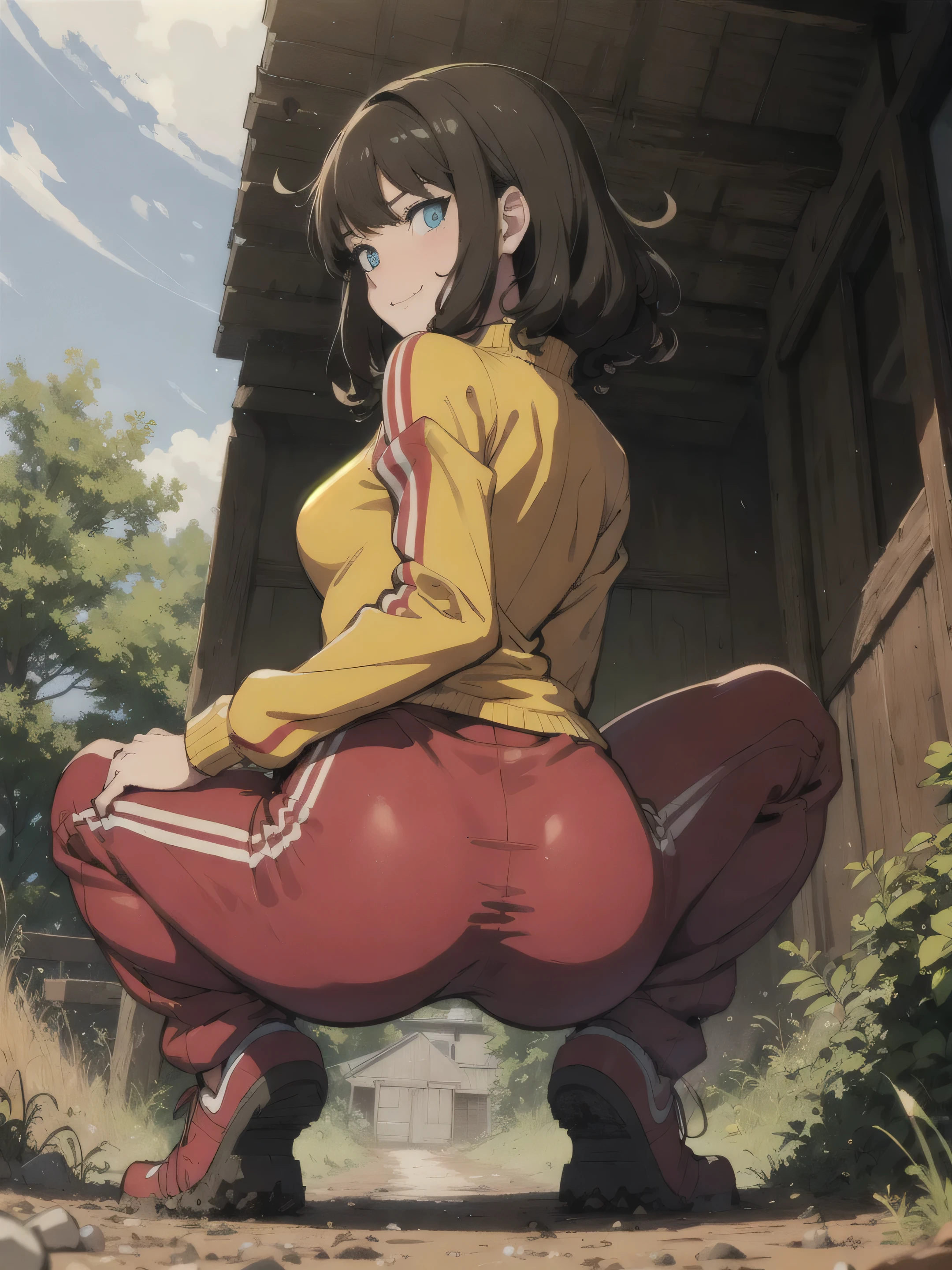 1girl,  angry,  curly hair, looking at viewer,(beautiful detailed blue eyes), (Persona:1.2),,  spread legs,(amagi_yukiko), squatting, (over size Colorful track suit pants),(Put your hands on the ground), line off, smile, (((highlight in eyes))), (((small mat))), (((Narrow gravel road))), (thick outline), Mud road, ((Crouch on a muddy doormat)), (glowing eyes), (((Arch your back))), (from below:1.6), long weeds, (from behind:1.4)