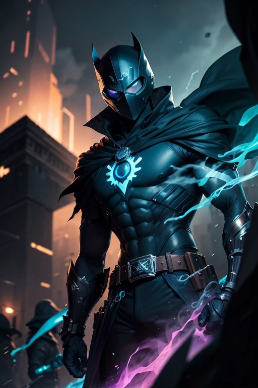 A detailed hero dressed in a black cape stands out in this scene. The ends of the cape are adorned with flame-shaped patterns, dyed in a vibrant cyan blue color. The hero's mask fully covers their face, revealing only bright blue neon slits that outline their eyes and form an enigmatic and intimidating smile.

The hero is equipped with spray canisters attached to a belt and a strap that runs from the shoulder to the chest. These devices emit colorful soap bubbles that gracefully trickle down to the ground, creating an intriguing contrast with the hero's dark figure.

Positioned atop a tall building, the hero overlooks the urban landscape beneath a starry night sky. In the distance, several aircraft cut through the sky, further highlighting the vastness and depth of the scene.

Both the hero's attire and equipment are designed to reflect darkness and luminosity, with the cyan blue flames and the mask's slits brightly glowing against the night. The combination of the dark suit, colorful soap bubbles, and neon elements creates a visually striking aesthetic, conveying both mystery and hope.

Capture the essence of this scene with a focus on visual and atmospheric details, highlighting the hero's imposing presence and the nuances of light and color that surround them.