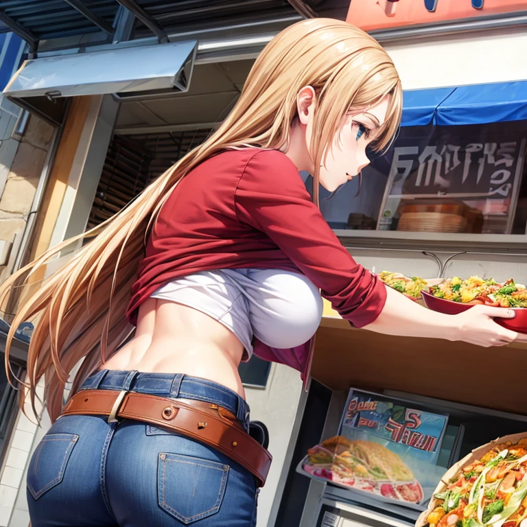 A woman in full-zip shorts eats a tlayuda at a taco stand Jeans have a belt With side slits Big Ass Upper body naked Blonde