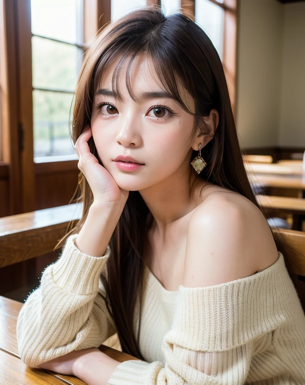 highest quality, Face Focus, Soft Light, Ultra-high resolution, (Realistic:1.4), RAW Photos,
1 Japanese girl, alone, cute, (pupil, Light in your eyes),  Beautiful face in every detail, (),(High resolution detail of human skin texture),
(Long Hair),
Inside the cafe,
White knit dress,Oversized、Off the shoulder、Earrings、
(Portraiture)