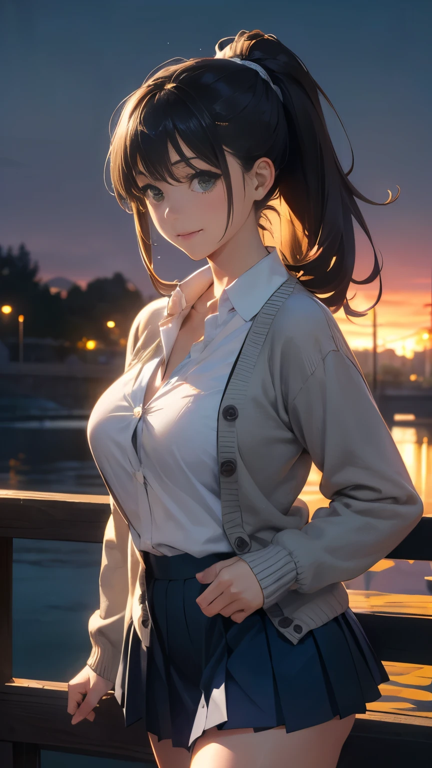 nsfw,(masterpiece:1.2, highest quality), (Realistic, photoRealistic:1.4), Beautiful illustrations, (Natural Side Lighting, Cinema Lighting),
View Viewer, Cowboy Shot, Front view:0.6, 1 girl, Japanese, high school girl, Perfect Face, Cute and symmetrical face, Shiny skin,
(Long Hair:1.4, High Ponytail:1.7, Light brown hair), Hair between the eyes, Emerald green eyes, Long Eyelashes, (Big Breasts:0.9, Thick thighs),
Beautiful Hair, Beautiful Face, Beautiful fine details, Beautiful clavicle, Beautiful body, Beautiful breasts, Beautiful thighs, Beautiful feet, Beautiful fingers,
((White collared shirt with long sleeves, Navy pleated mini skirt, Navy them, Light Gray Cardigan)), Showing off her pink panties、
(Beautiful views), evening, River side, (Cute smile, Upward glance), She's lifting up her skirt:1.5、Don't show your teeth、Showing off her breasts
