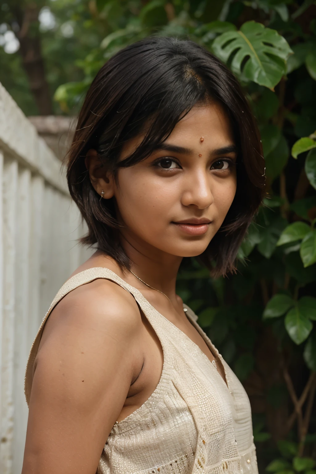 An Indian Middle aged girl with short hai Hyper realistic with natural Looks and feel
