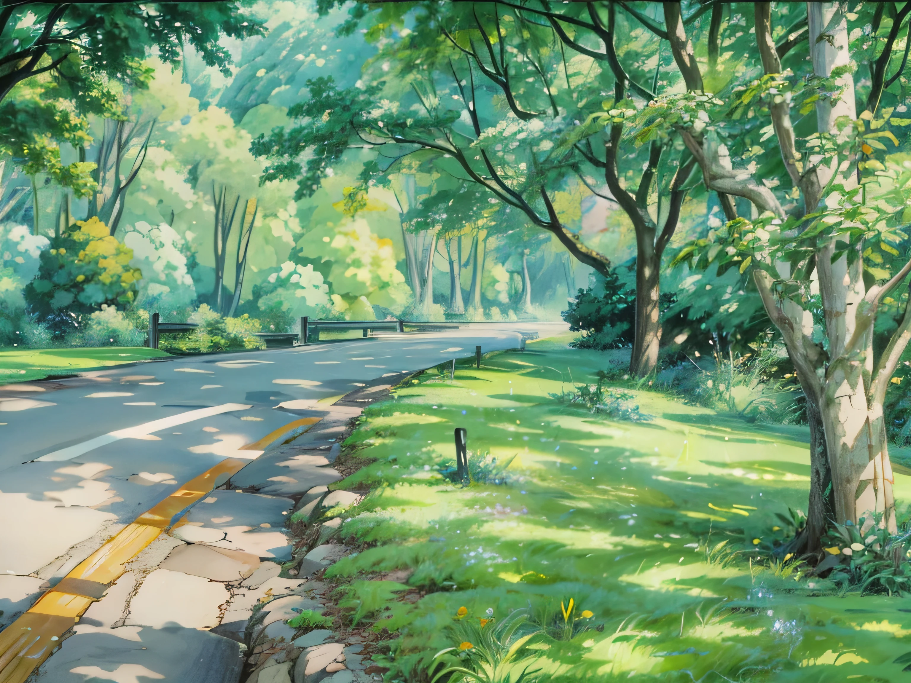 a painting of a road surrounded by trees, by makoto shinkai, by Makoto Shinkai, anime. by makoto shinkai, by Kaii Higashiyama, by Shin Yun-bok, anime scenery concept art, overgrowth. by makoto shinkai, studio ghibli smooth concept art, anime scenery, anime nature, 4k hd,, beautiful art uhd 4 k, a beautiful artwork illustration, beautiful digital painting, highly detailed digital painting, beautiful digital artwork, detailed painting 4 k, very detailed digital painting, rich picturesque colors, gorgeous digital painting, no human
