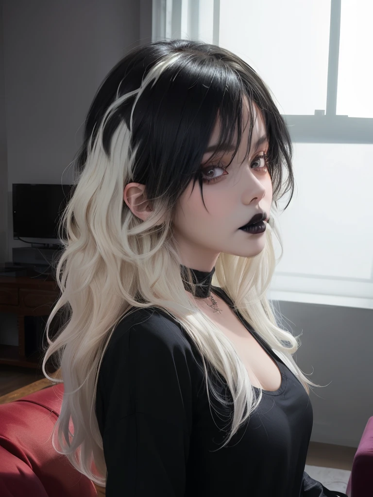 masterpiece, adult, indoors, living room, woman with black to white ombre hair, long hair, looking at viewer, messy hair, bedhead, bedhair, dark lighting, goth, black lipstick, shirt, skinny, 