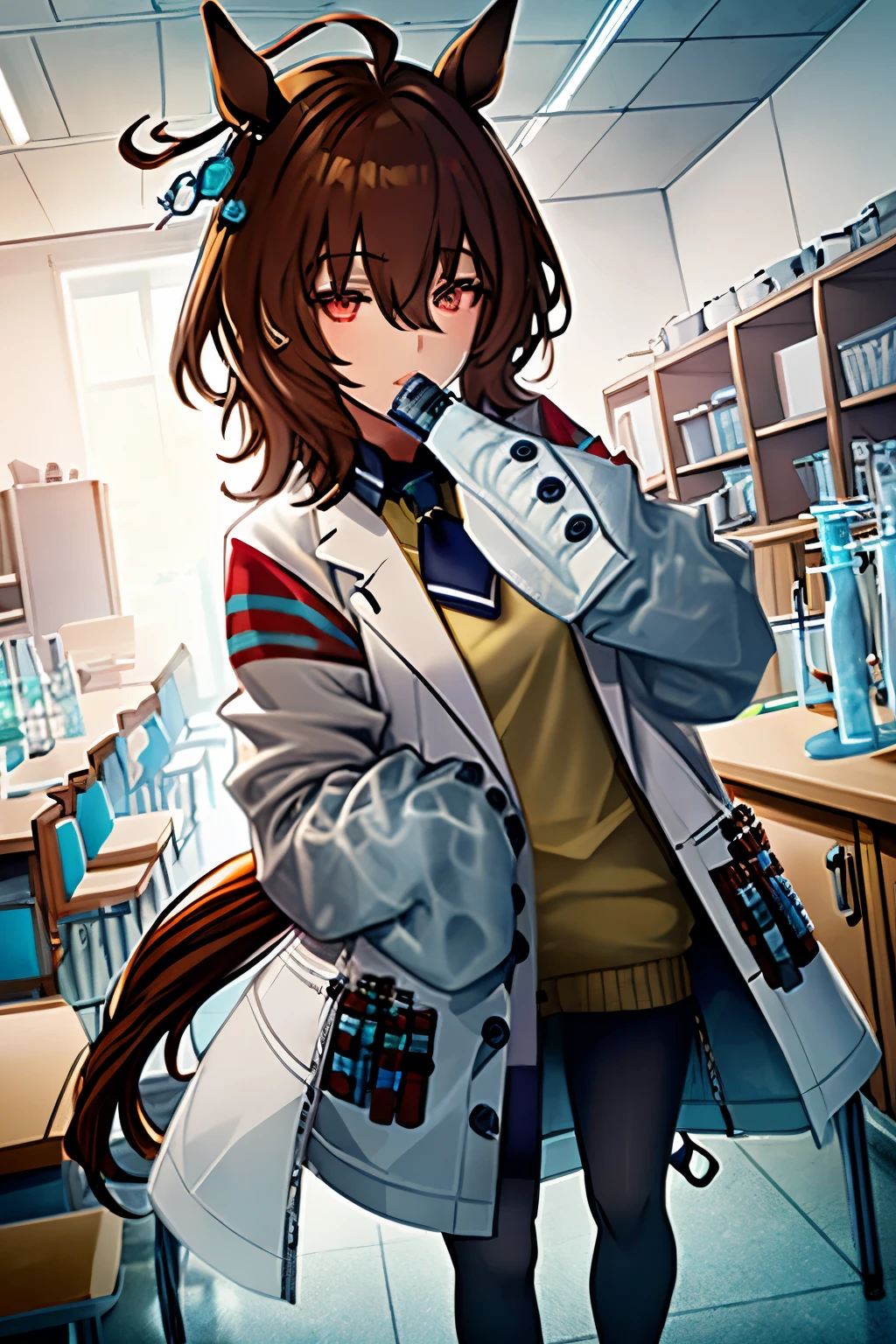 (masterpiece:1.2、top-quality)、(Beautiful Eyes of Details:1.2)、(the Extremely Detailed CG Unity 8K Wallpapers、masterpiece、top-quality、ultra-detailliert、Best Shadows)、(Detailed background)、(beautifull detailed face、beatiful detailed eyes)、highly contrast、(The best lighting、extremely delicate and beautiful)、1girl in、dynamic ungle、dynamicposes:1.4、full body Esbian、Agnes-Tachyon\(Umamusume\)、solo、hunk_Eyeanteau blanc、Black pantyhose、((sleeves past fingers))、Yellow sweater、Black tie、Horse Girl、Horse's tail、brown haired、red eyes、sleeves past wrists、The background is the science room、lab room、flask、Glass Tube