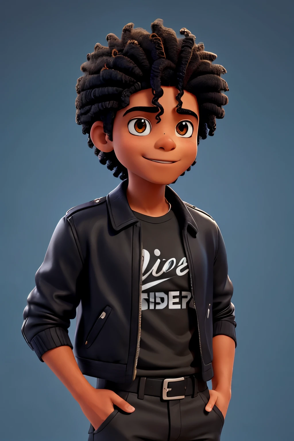 Um jovem negro com cabelos pretos enrolados, representing Michael Jackson's caricaturistic style, se desloca pelas rua enquanto realiza diferentes atividades. He is swimming in a pool, deslizando em uma sofisticada skateboard, Eating a sandwich, cozinhando uma padaria, descansando num banco, running your bike and walking your dog. Em todos esses momentos, ele apresenta uma grande sorriso brilhante, com dentes brancos brilhantes, que transmite