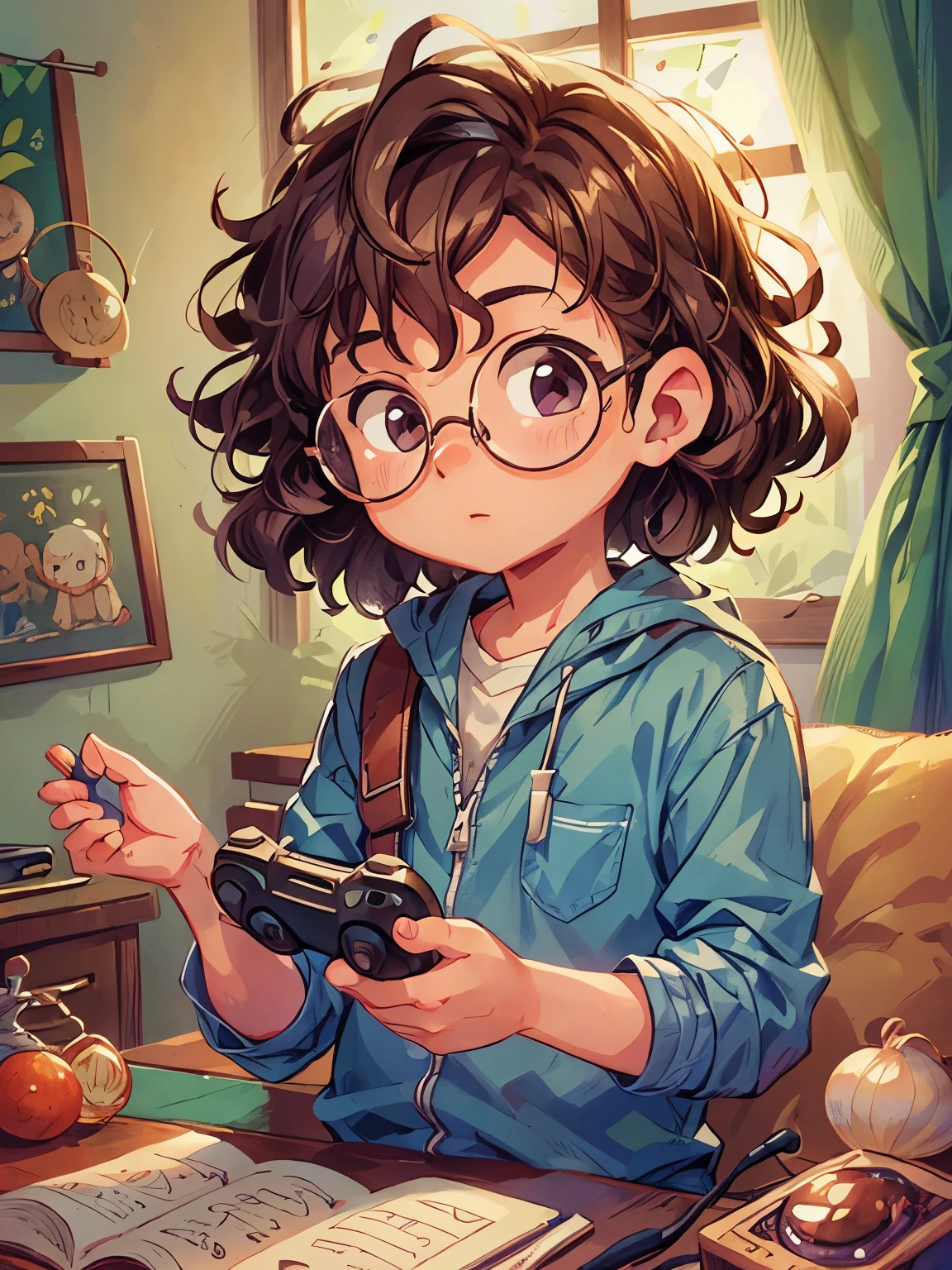 (boys face:onion_skin_detail,detailed curly hair:1.1,detailed round glasses:1.1),holding a(video game controller:1.1) in (his hand:1.1),medium:illustration,ultra-detailed,hdr,studio lighting,realistic,vivid colors,warm tones
