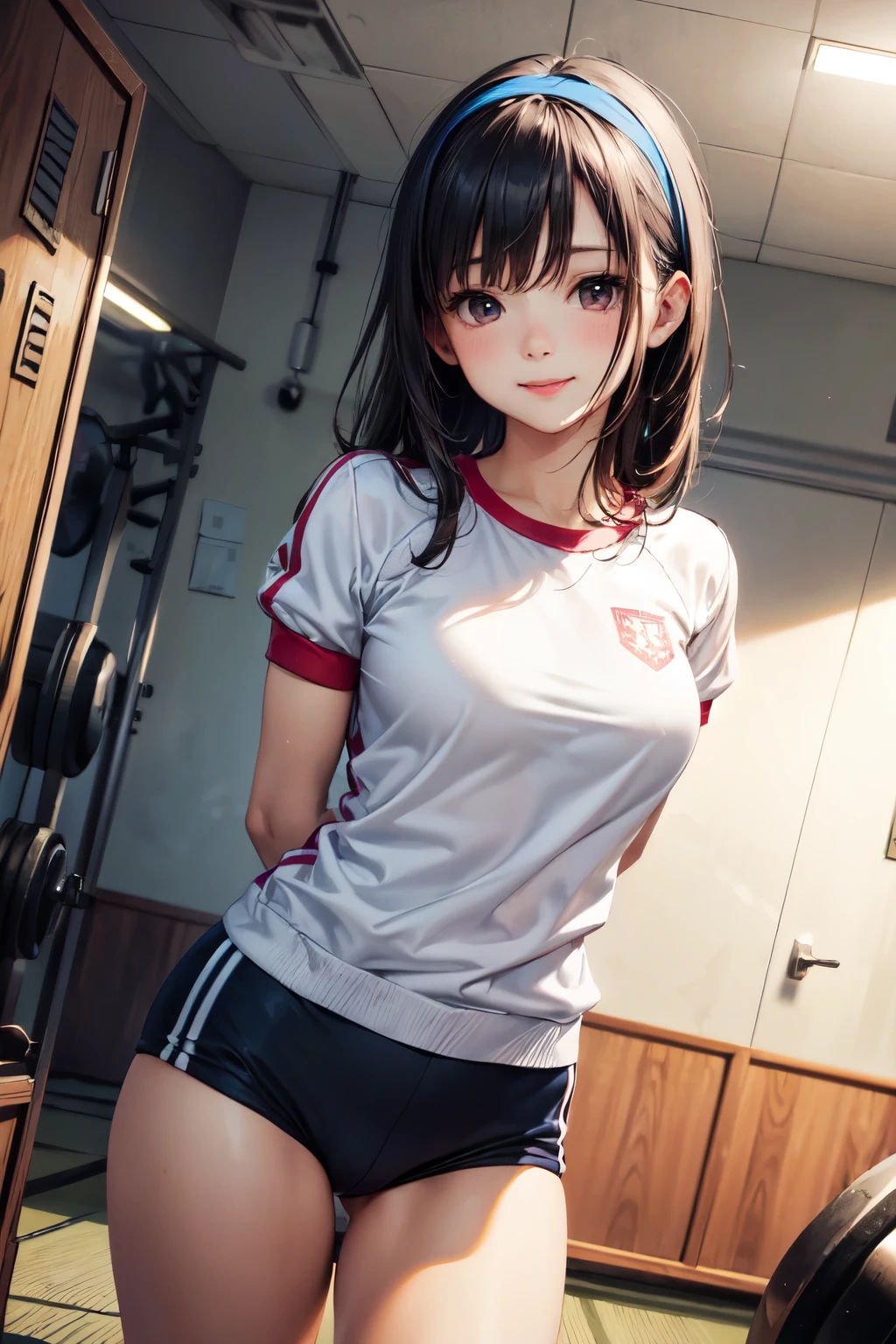 very cute and beautiful girl,(highly detailed beautiful face),(smile),happy,looking at viewer, (japanese ladies gym uniform),(blue bloomers),standing,arms behind back,detailed legs,locker room in training gym,black hair,hair band, (best quality,masterpiece),absurdres,highres,ultra-detailed,extremely detailed,32k,8k resolution, intricate details,cinematic scene,detailed background,solo,dynamic angle,realistic,