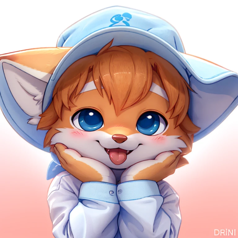 Anthropomorphic young male light orange fox, eyes closed, tongue out, cute face, cute pose, wearing a light blue pijama and a light blue shark hat, stanging, front view, solid color background, solo, digital art, hand close to face, closed hands, happy face, close up in face