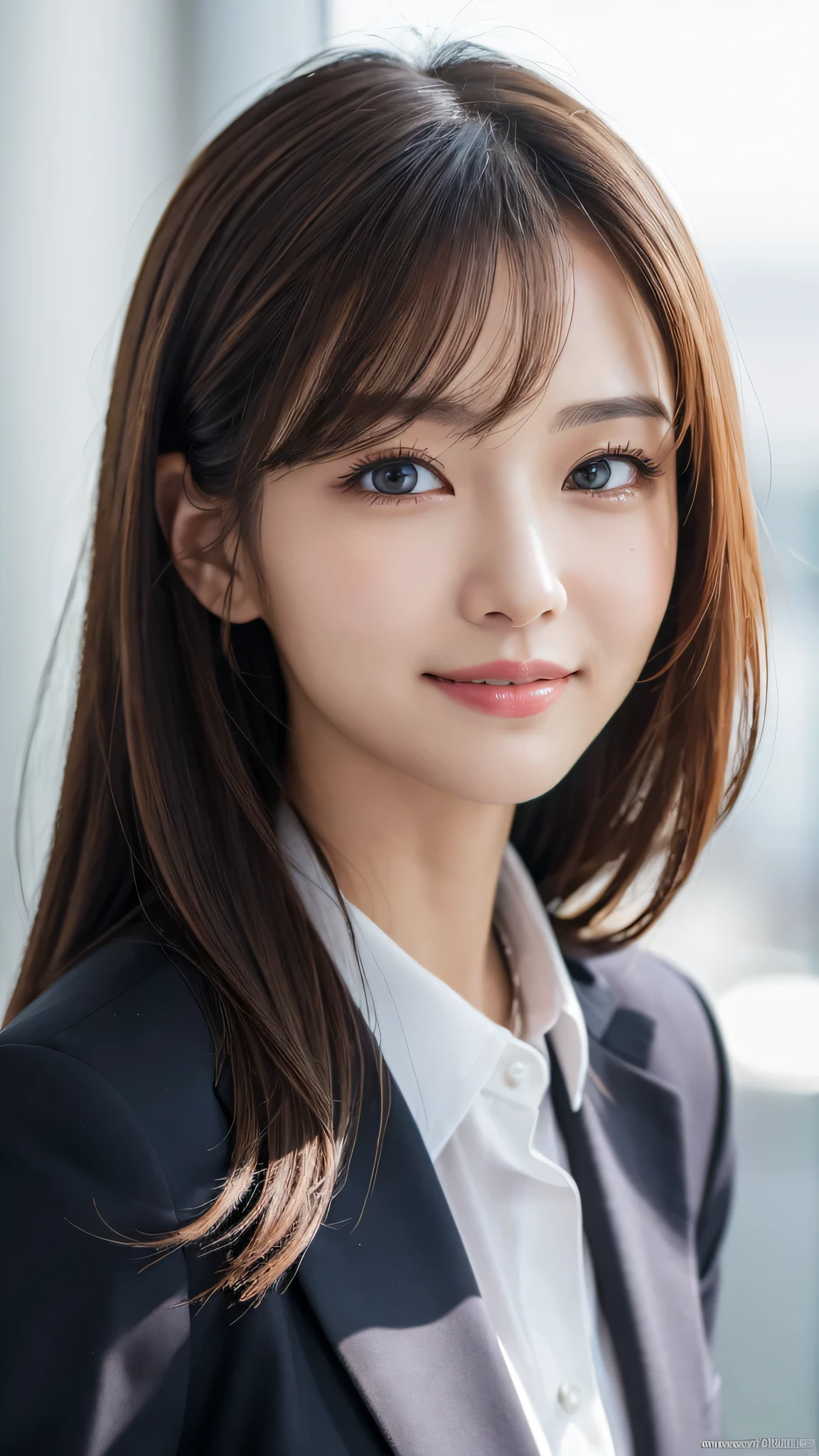table top、highest quality、genuine、Super detailed、finely、High resolution、8k wallpaper、one beautiful woman、、、light brown disheveled hair、wearing a business suit、sharp focus、perfect dynamic composition、beautiful and detailed eyes、thin hair、Detailed genuine skin texture、smile、model body shape、In Tokyo at morning、