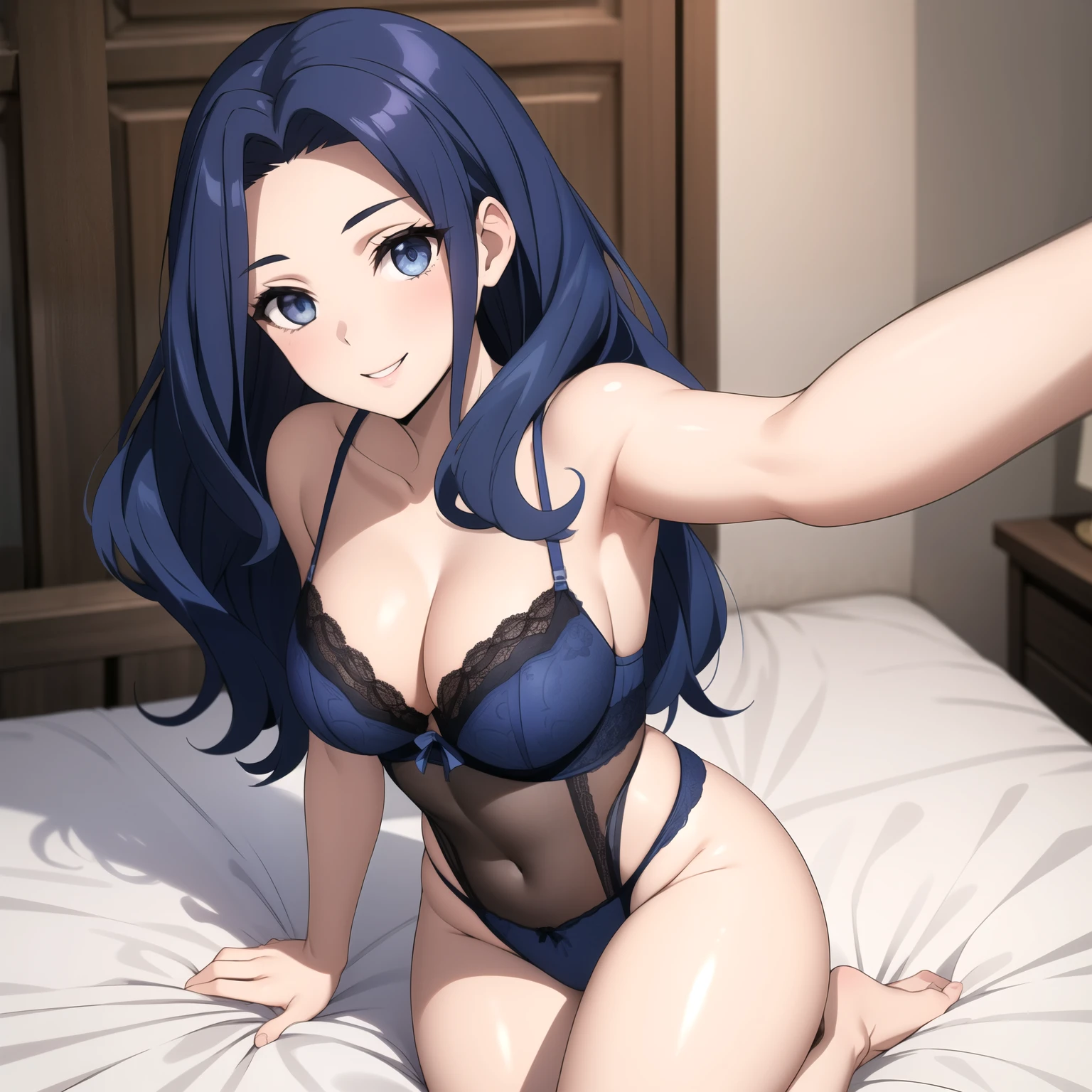 Melty Q Melromarc. woman 30 years old shiny wavy blue hair, ojos violetas detallados, sonrisa coqueta, rubor, pechos grandes, blue lingerie background a bed. selfi. una sola mujer .