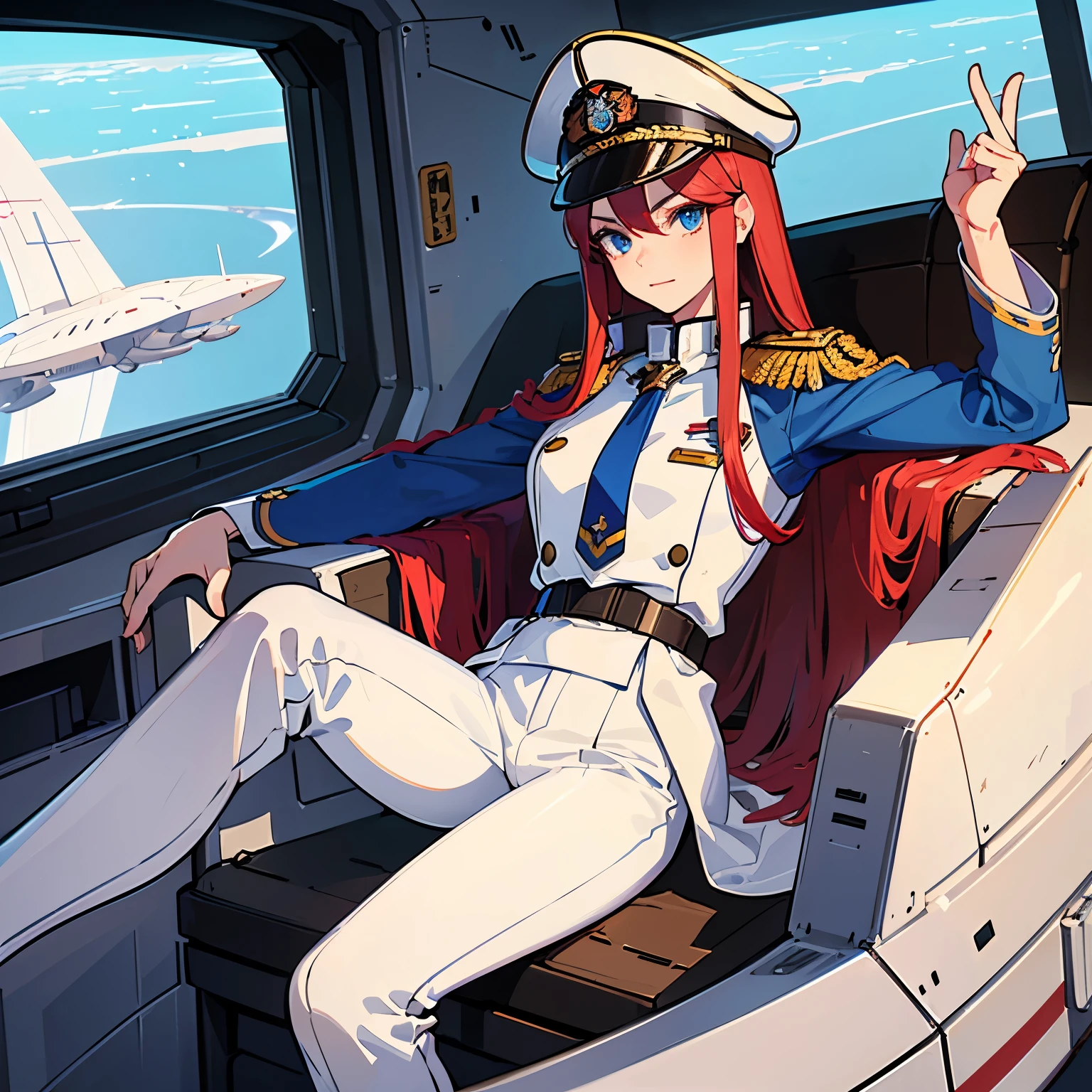 ((Masterpiece)), ((Highest Quality)), ((Best Quality)), (Illustration of One Girl), Full Body, 25 Years Old, Long Red Hair, (Thin Hair on Both Sides of the Face), Blue Eyes, (Tall)), ((Muscular Strong Body)), (Manspreading)), Open Legilitary Uniform)), (Military Hat)), ((Military Coat)), (White Clothes), (White Pants), (White Hat), Trench Coat, ((Inside the spaceship, sitting in the captain's seat)), (outside the window, space, Earth seen from space, spaceport)