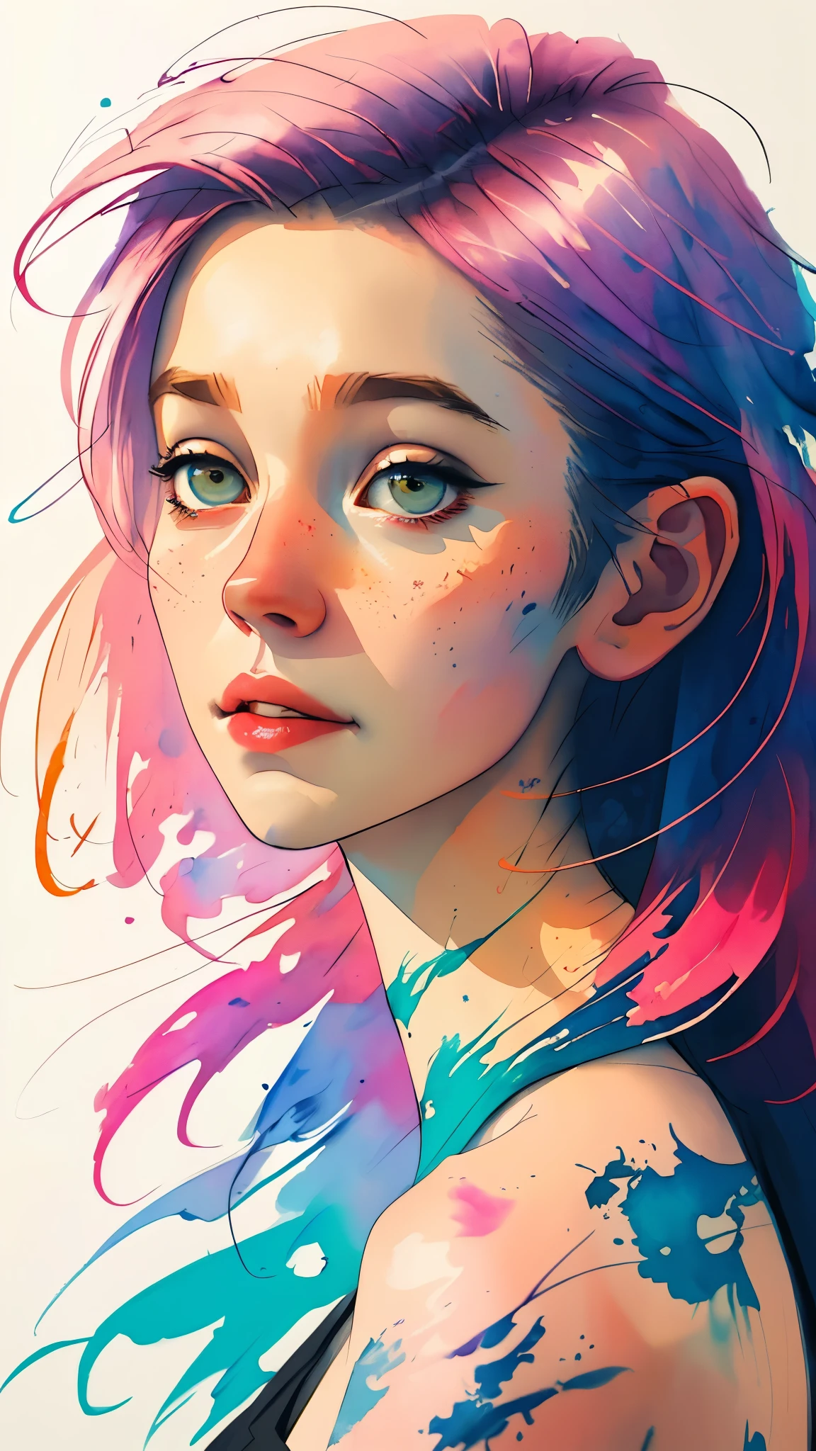 (8k, best quality, masterpiece:1.2),(best quality:1.0), (ultra highres:1.0), watercolor, a beautiful woman, shoulder, hair ribbons, by agnes cecile, half body portrait, extremely luminous bright design, pastel colors, (ink:1.3), autumn lights