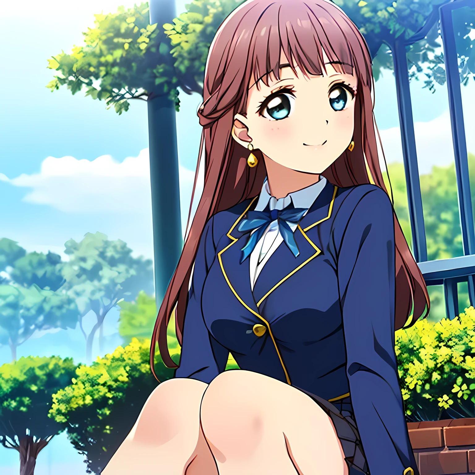 highest quality, (masterpiece:1.2), Very detailed, ((((Game CG)))), ((((Like the very noble aristocratic lady depicted by Renoir１Side portrait of a beautiful girl sitting)))), ((The girl everyone loves)), ((((Very beautiful, wavy, long flaxen hair)))), ((((Navy blue blazer)))), ((((Elegant dark navy blue checked skirt)))), ((((Very beautiful and shining eyes)))), ((Very long eyelashes)), A big white ribbon on the chest, ((A refined and elegant look like a noble princess)), (((Beautiful and great smile))), Small face and great posture, ((Give the viewer a heavenly feeling of happiness)), (((Blur the background))), ((Very noble and elegant face)), ((Slender and shapely breasts)), (((Looking into the distance))), The background is a wall covered in deep green ivy., Gold hair ornament and earrings