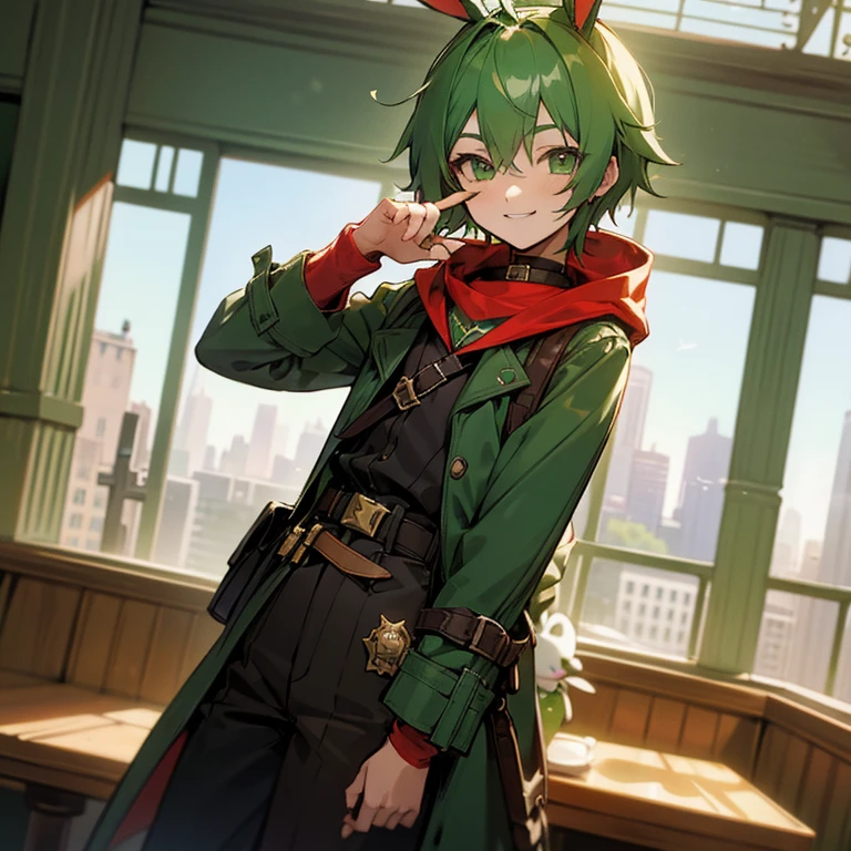 Green rabbit ears, green animal ears, a boy, green hair, green eyes, thin eyebrows, smiling, young, alone, short, blouse, coat,choker, long boots, red hood, fingerless globe, belt, waist pouch, in the city, cafe, tiny, 10-year-old, baby face