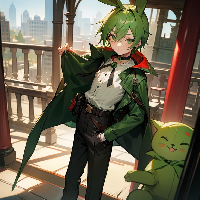 Green rabbit ears, green animal ears, a boy, green hair, green eyes, thin eyebrows, smiling, young, alone, short, blouse, coat,choker, long boots, red hood, fingerless globe, belt, waist pouch, in the city, cafe, tiny, 10-year-old, baby face