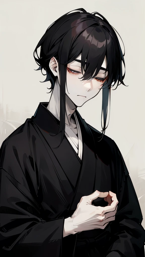 Black kimono from the Taisho period、(Pale-faced man)、(A sick and emaciated man)、Upper Body、Black Hair、Eyes closed