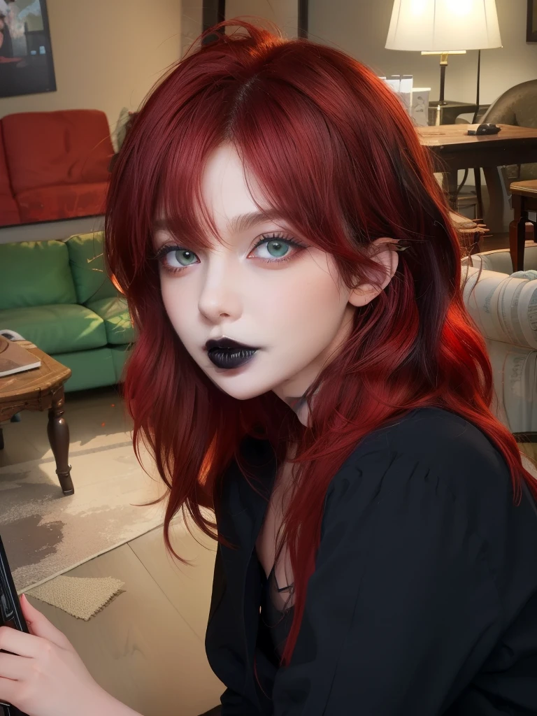 masterpiece, adult, indoors, living room, woman with white to red ombre hair, long hair, looking at viewer, messy hair, bedhead, bedhair, dark lighting, goth, black lipstick, shirt, skinny, 