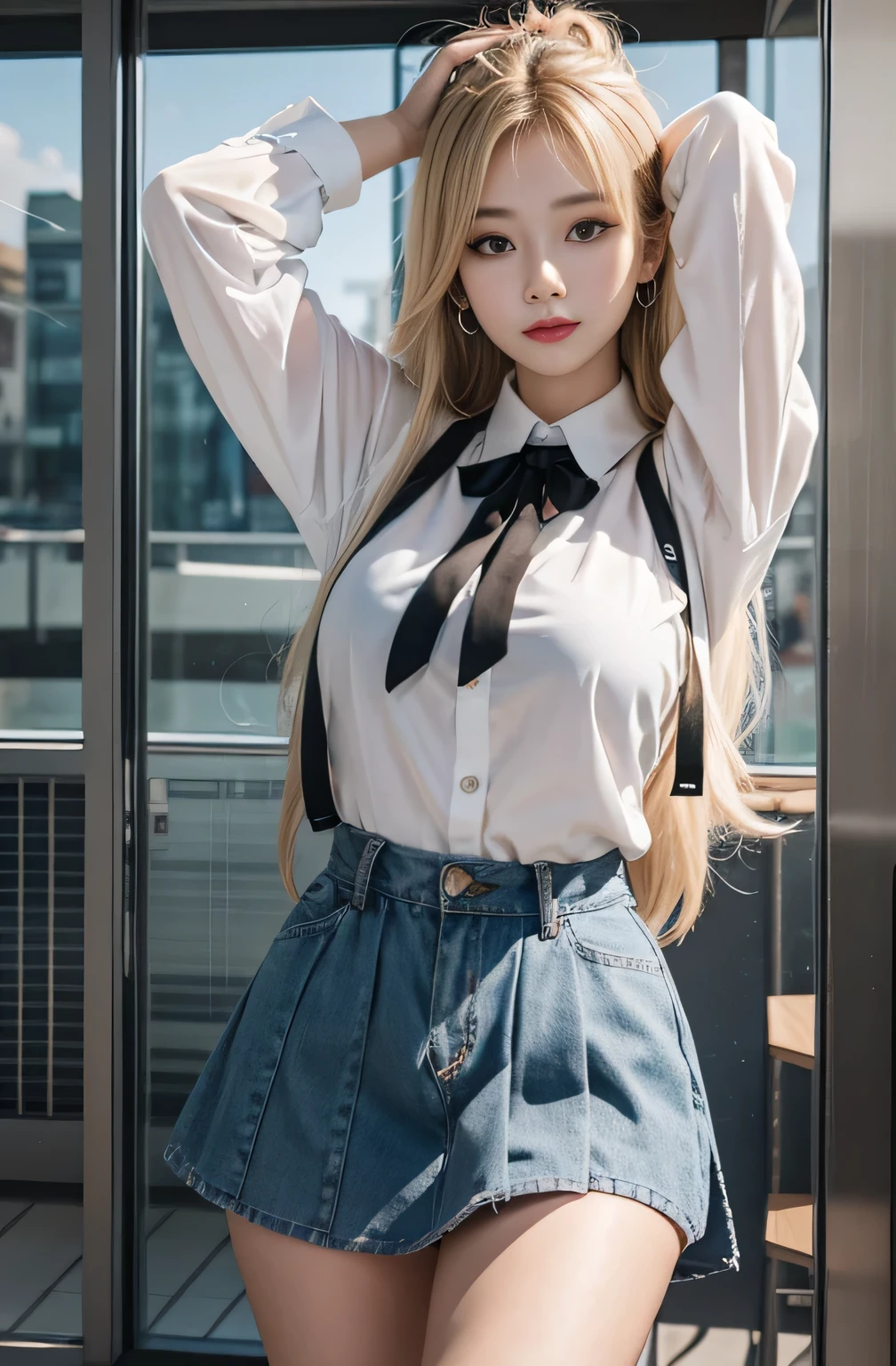 Gray eyes, Korean , Summer shirts, Ribbon Tie, skirt, Bright Blonde,  Chest push pose,, 8K original image, high resolution, 16 year old Korean guy is so handsome, round, Full breasts, Beautiful eye details, Long eyelashes, Beautiful double eyelids, Eyeshadow, Eyeliner, Slender eyes, Elongate the eye shape, Three white eyes, Evil smile, Express, Very beautiful and long legs, Beautiful and slender thighs, random hit, hair tied behind the head, earrings,Random Location，Random Direction Photos，Random Clothing，Enlarged breasts