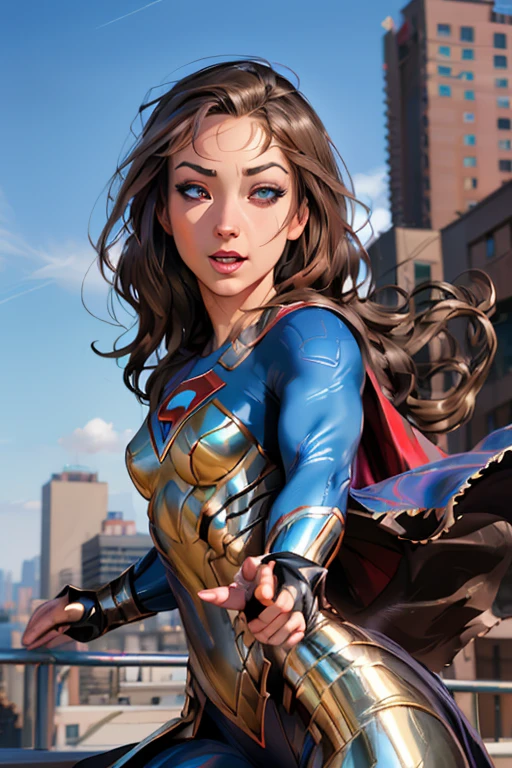 (best quality,4k,8k,highres,masterpiece:1.2),ultra-detailed,(realistic,photorealistic,photo-realistic:1.37),Remi Lacroix disguised as Supergirl,(beautiful detailed eyes,beautiful detailed lips,extremely detailed eyes and face,longeyelashes),vibrant colors,comic book style,studio lighting,energetic pose,cityscape background,strong,confident appearance,fly in mid-air,powerful stance,cape flowing in the wind,heroic expression,fierce look,double exposure effect,rich texture,cosplay costume,shiny metallic elements,street art details,action-packed scene,natural sunlight,urban environment.