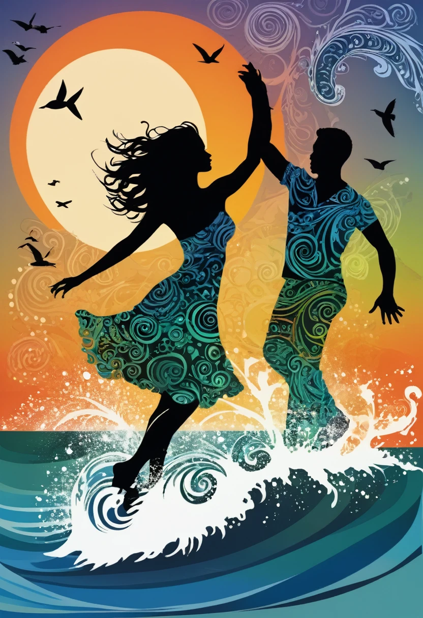 (mejor calidad,high resolution:1.2),silueta de gente bailando en la superficie del mar,fondo colorido,blue,naranja,verde,Borroso,estilo zentangle,negro,Brown, crujirlo, hazlo sobresaliente, la mejor silueta emotiva de todos los tiempos, brilla, mar, explosiones musicales, notas musicales voladoras, Magical, Gracias. Por Tupu...jajaja...