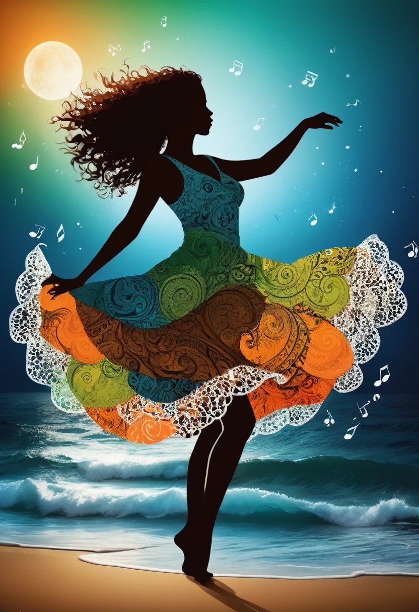 (mejor calidad,high resolution:1.2),silueta de gente bailando en la superficie del mar,fondo colorido,blue,naranja,verde,Borroso,estilo zentangle,negro,Brown, crujirlo, hazlo sobresaliente, la mejor silueta emotiva de todos los tiempos, brilla, mar, explosiones musicales, notas musicales voladoras, Magical, Gracias. Por Tupu...jajaja...
