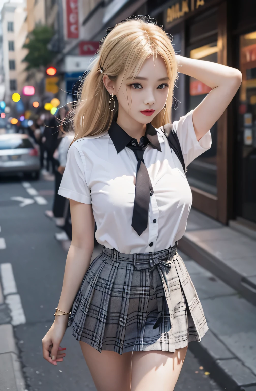 Gray eyes, Korean , Summer shirts, Ribbon Tie, skirt, Bright Blonde, Chest push pose,, 8K original image, high resolution, 16 year old Korean guy is so handsome, round, Full breasts, Beautiful eye details, Long eyelashes, Beautiful double eyelids, Eyeshadow, Eyeliner, Slender eyes, Elongate the eye shape, Three white eyes, Evil smile, Express, Very beautiful and long legs, Beautiful and slender thighs, random hit, hair tied behind the head, earrings,Random Location,Random Direction Photos,Random Clothing,Enlarged breasts