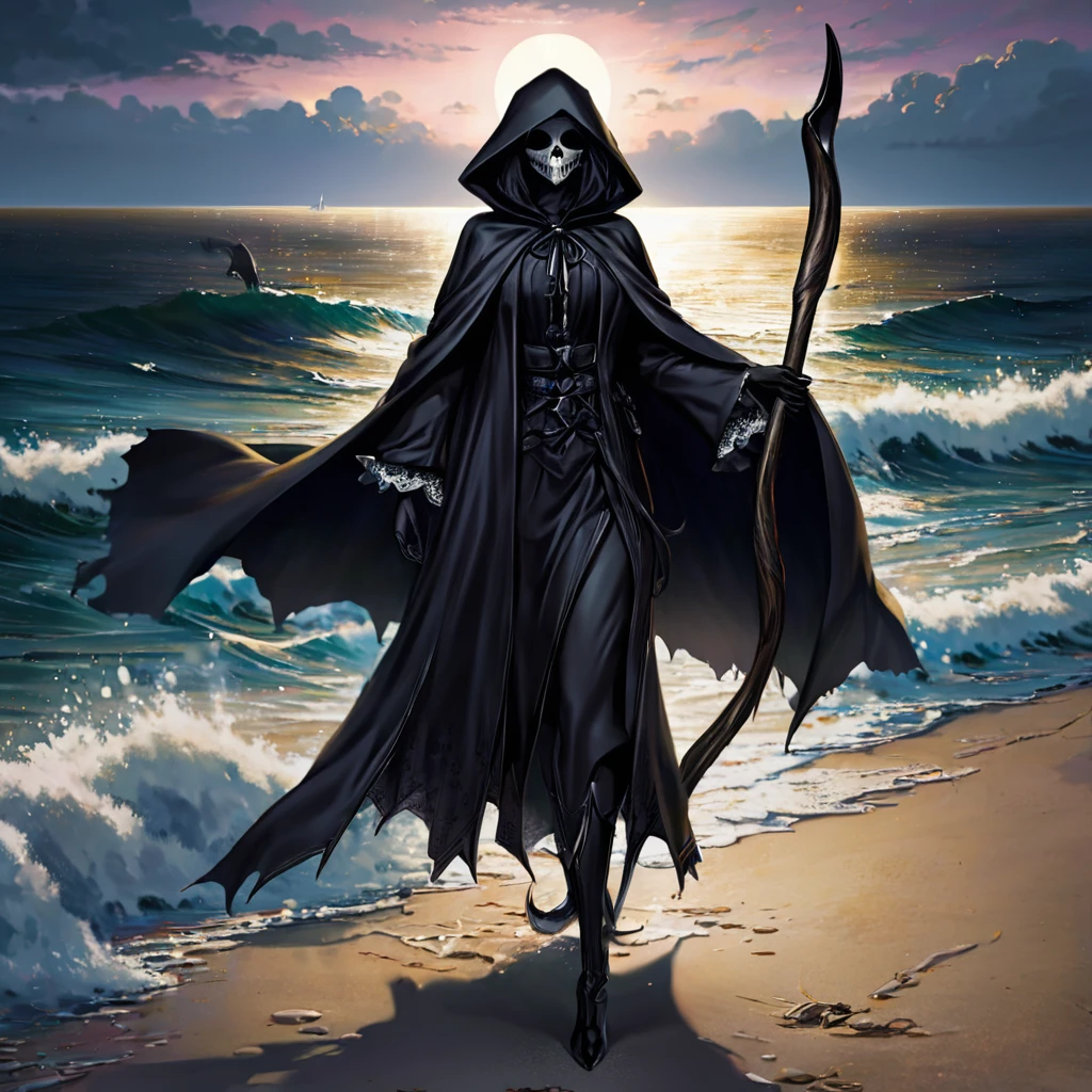 (best quality,4k,highres,masterpiece:1.2),ultra-detailed,(realistic:1.37),a black Grim Reaper,(beautiful:1.1 detailed:1.1) eyes,(sharp focus),(vivid colors),a grim reaper wearing a flowing black cloak,(beautiful detailed lips,sharp,refined),casually wielding her scythe,(sexy poses),on the beach,with crashing waves in the background,(dramatic lighting),her gloved hand elegantly raised in the air,creating a striking silhouette against the setting sun.