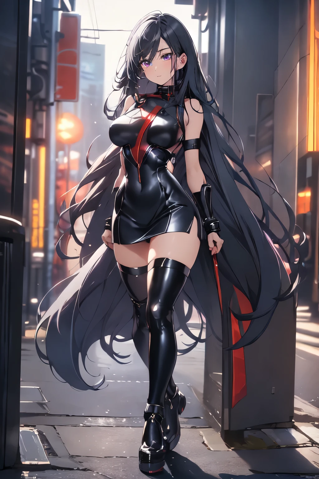 beautiful, Alone, 1 woman, Long hair, black hair, blue highlights at the ends of the hair, purple eyes, black leather bodysuit, pleassed skirt, red cloak, futuristic, cyberpunk, cinematic angle, Cinematic lighting, Work of art, best quality, nsfw, crotch rubbing