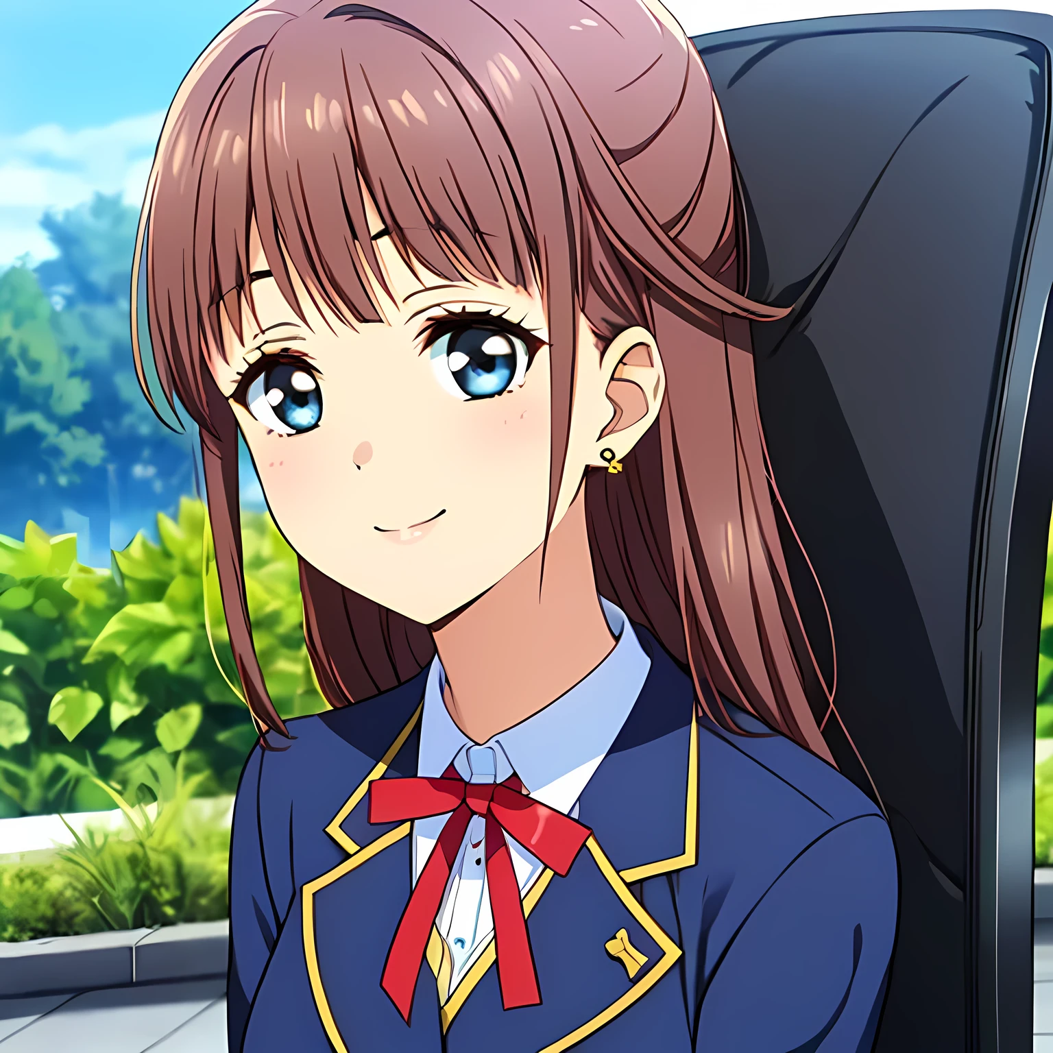 highest quality, (masterpiece:1.2), Very detailed, ((((Game CG)))), ((((A portrait by Renoir of a very noble lady in a , sitting in a chair, in profile.)))), ((The girl everyone loves)), ((((Very beautiful, wavy, long flaxen hair)))), ((((Navy blue blazer)))), ((((Elegant dark navy blue checked skirt)))), ((((Very beautiful and shining eyes)))), ((Very long eyelashes)), A big white ribbon on the chest, ((A refined and elegant look like a noble princess)), (((Beautiful and great smile))), Small face and great posture, ((Give the viewer a heavenly feeling of happiness)), (((Blur the background))), ((Very noble and elegant face)), ((Slender and shapely breasts)), (((Looking into the distance))), The background is a wall covered in deep green ivy., Gold hair ornament and earrings