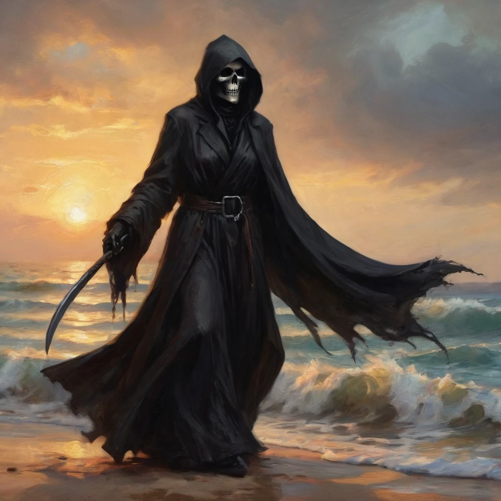 (best quality,4k,highres,masterpiece:1.2),ultra-detailed,(realistic:1.37),a black Grim Reaper,(beautiful:1.1 detailed:1.1) eyes,(sharp focus),(vivid colors),a grim reaper wearing a flowing black cloak,(beautiful detailed lips,sharp,refined),casually wielding her scythe,(sexy poses),on the beach,with crashing waves in the background,(dramatic lighting),her gloved hand elegantly raised in the air,creating a striking silhouette against the setting sun.