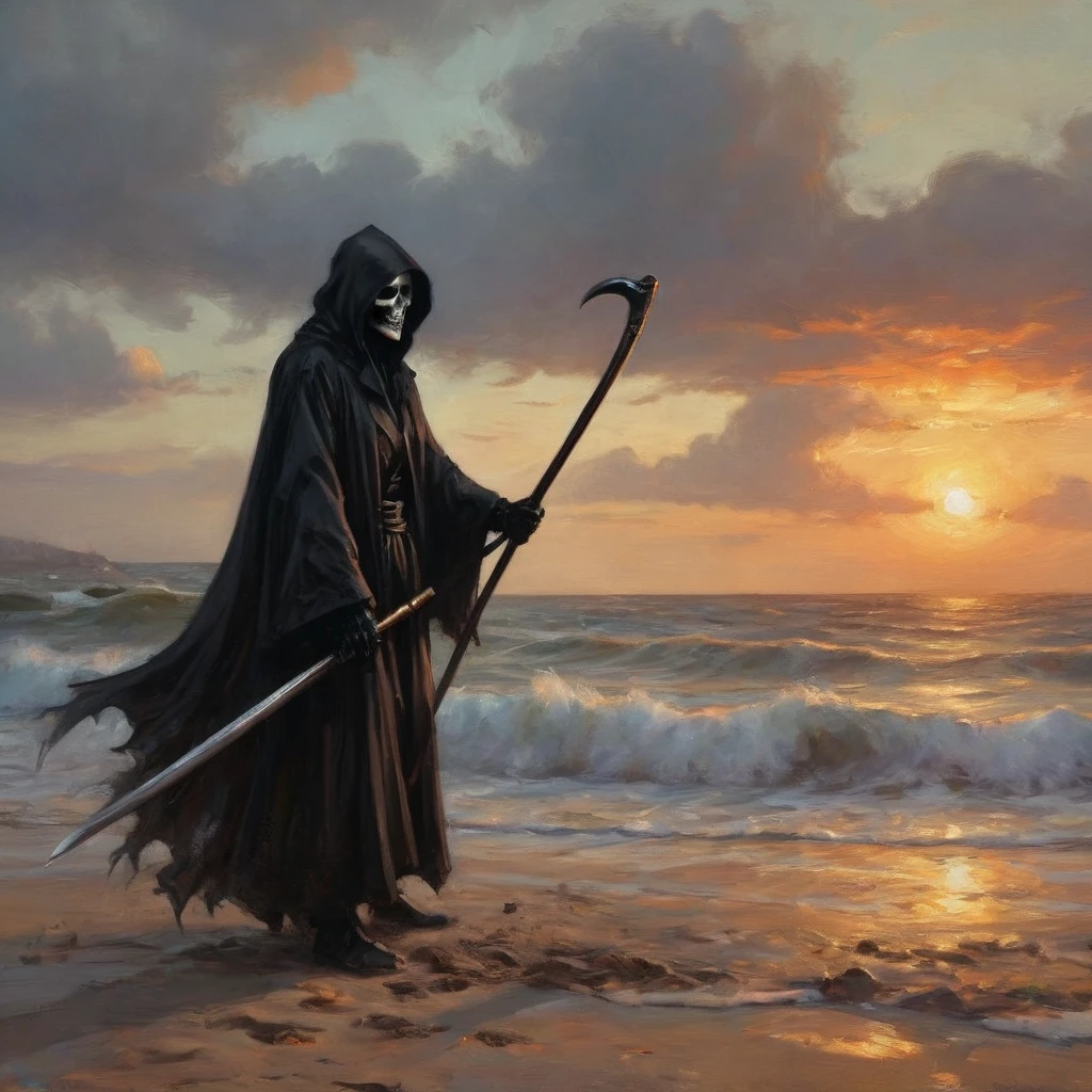 (best quality,4k,highres,masterpiece:1.2),ultra-detailed,(realistic:1.37),a black Grim Reaper,(beautiful:1.1 detailed:1.1) eyes,(sharp focus),(vivid colors),a grim reaper wearing a flowing black cloak,(beautiful detailed lips,sharp,refined),casually wielding her scythe,(sexy poses),on the beach,with crashing waves in the background,(dramatic lighting),her gloved hand elegantly raised in the air,creating a striking silhouette against the setting sun.