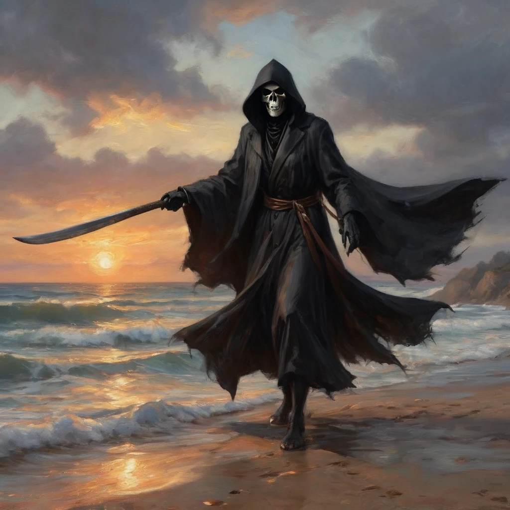 (best quality,4k,highres,masterpiece:1.2),ultra-detailed,(realistic:1.37),a black Grim Reaper,(beautiful:1.1 detailed:1.1) eyes,(sharp focus),(vivid colors),a grim reaper wearing a flowing black cloak,(beautiful detailed lips,sharp,refined),casually wielding her scythe,(sexy poses),on the beach,with crashing waves in the background,(dramatic lighting),her gloved hand elegantly raised in the air,creating a striking silhouette against the setting sun.