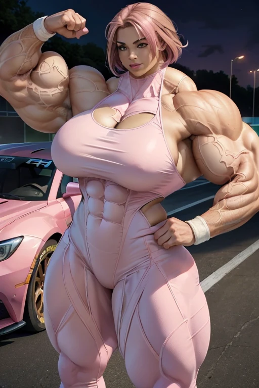 (((((Massive, tall, beautiful, light brown skinned, buff, muscular woman with shocking pink hair, ginormous bulky muscles and wearing a pink racer suit with pants))))), (close view), (massive muscles), massive biceps, hyper muscle shoulders, vascular shoulders, hyper muscle triceps, (angled bob cut), red eyes, (racing gloves), choker, sneakers, (next to a race car in a racetrack), confident smile, night, hyper vascular arm, hyper muscles arms, hyper muscle legs, massive arms.