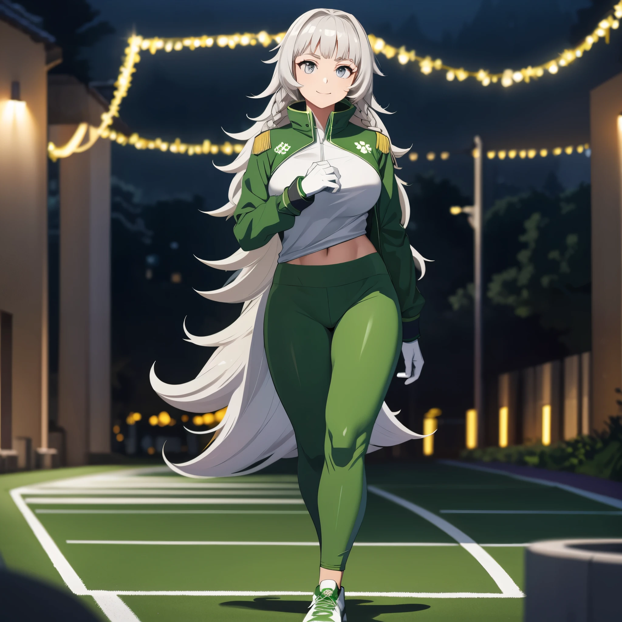 A woman wearing a green sweatshirt, green sports pants, walking on an athletics track, at night, with lighting, blurred background, long silver hair, silver eyes, smiling, sports shoes, full body.( solo woman), glow, drop shadow, flower, UHD, masterpiece, accurate, anatomically correct, textured skin, super detail, high quality, best quality, 8k, high resolution, bokeh effect.
