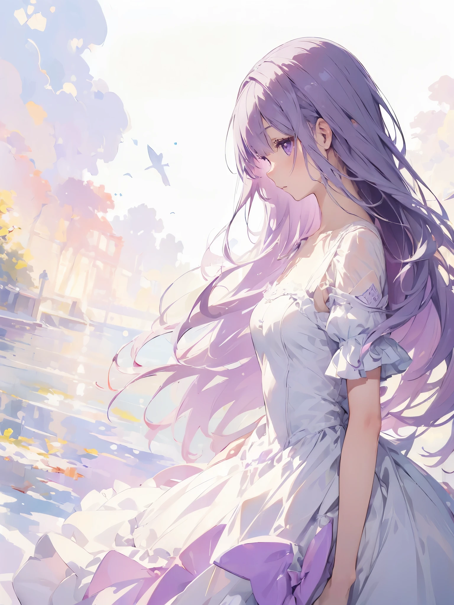 (White Background:1.5)One troubled girl, Beautiful and detailed, Purple long hair, Pale purple eyes, Princess Dress, Side Shot, (null:1.3), Impressionism