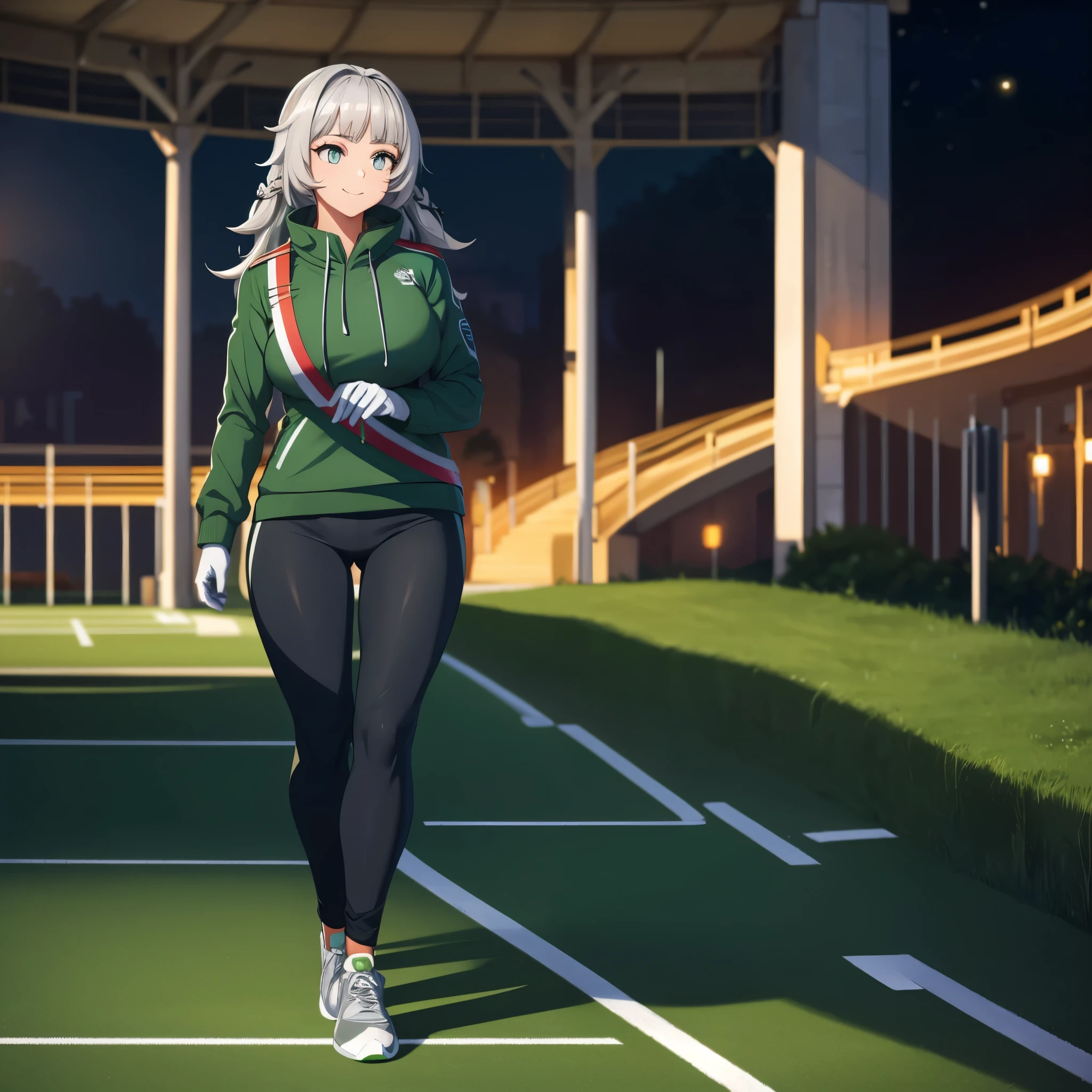 A woman wearing a green sweatshirt, green sports pants, walking on an athletics track, at night, with lighting, blurred background, long silver hair, silver eyes, smiling, sports shoes, full body.( solo woman), glow, drop shadow, flower, UHD, masterpiece, accurate, anatomically correct, textured skin, super detail, high quality, best quality, 8k, high resolution, bokeh effect.
