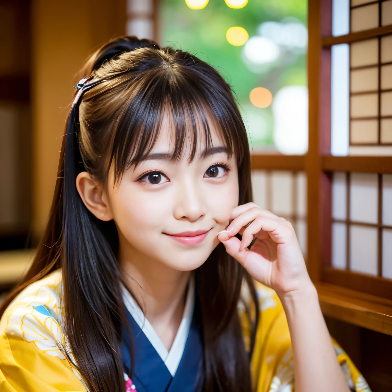 (Best-quality, Masterpiece, Ultra-High-Resolution, (Photorealistic:1.4), Raw Photo, depth of field, professional lighting, perfect anatomy, extremely details), 1girl, 15-years-old, the most famous Japanese idol, at Japanese-restaurant, wearing Japanese-KIMONO with cute-design, ((snort illegal drugs through nose)), extremely cute face, ((extremely beautiful big-eyes)), extremely beautiful hair, extremely beautiful skins, extremely beautiful long-eyelashes, extremely beautiful lips, looking at viewer, innocent smile, detailed Japanese-KIMONO, detailed Japanese-restaurant