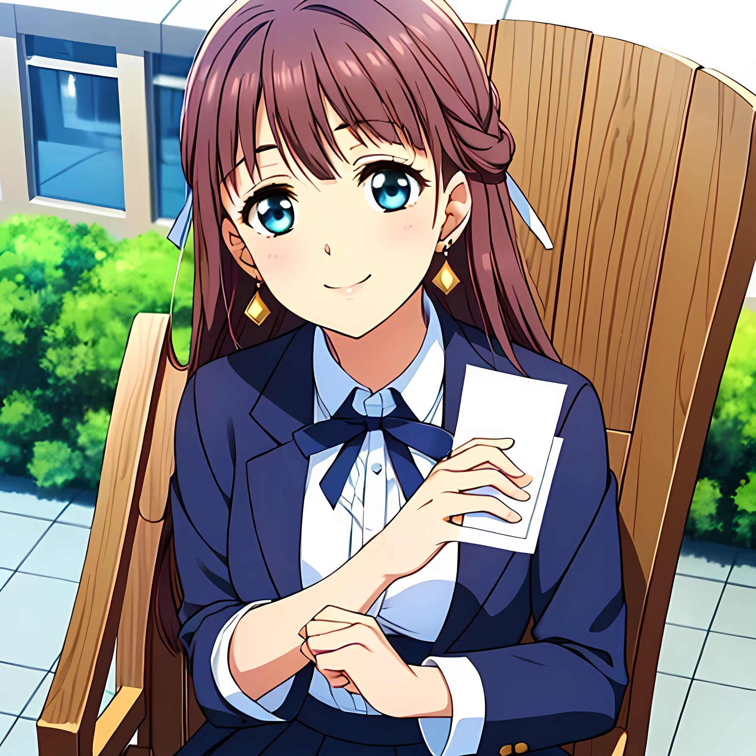 highest quality, (masterpiece:1.2), Very detailed, ((((Game CG)))), ((((A portrait by Renoir of a very noble lady in a , sitting in a chair, in profile.)))), ((The girl everyone loves)), ((((Very beautiful, wavy, long flaxen hair)))), ((((Navy blue blazer)))), ((((Elegant dark navy blue checked skirt)))), ((((Very beautiful and shining eyes)))), ((Very long eyelashes)), A big white ribbon on the chest, ((A refined and elegant look like a noble princess)), (((Beautiful and great smile))), Small face and great posture, ((Give the viewer a heavenly feeling of happiness)), (((Blur the background))), ((Very noble and elegant face)), ((Slender and shapely breasts)), (((Looking into the distance))), The background is a wall covered in deep green ivy., Gold hair ornament and earrings