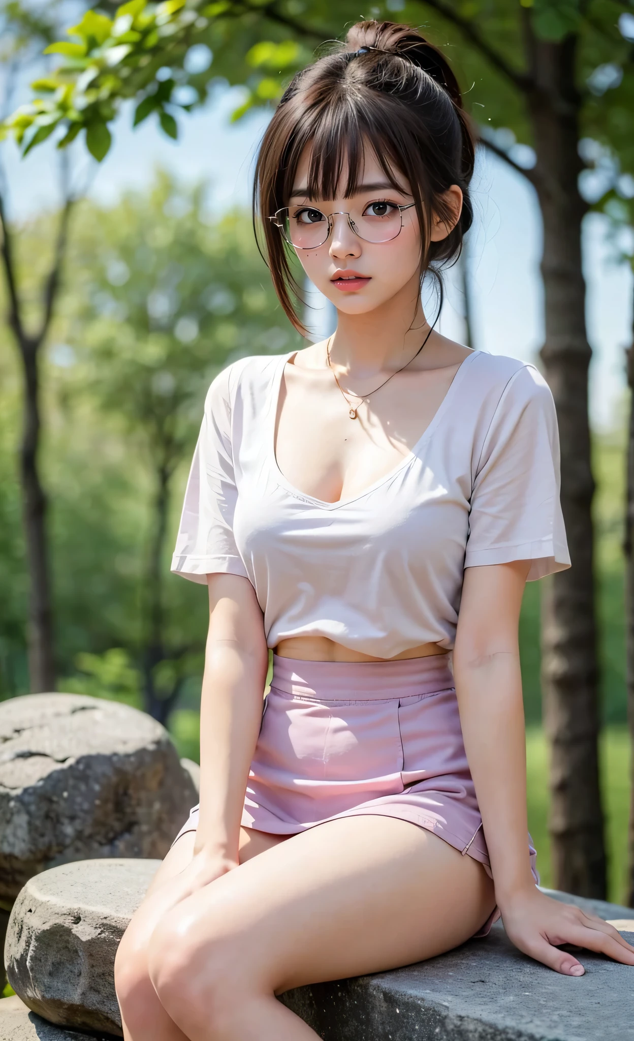 1girl, 18 years old busty woman, eye glasses, short ponytail hair, bangs, light pink blush, sitting on a big rock, dark forest, white short sleeve, cleavage, big , small waist, denim mini skirt, thicc_thighs
thighs, legs, perfect fingers, 